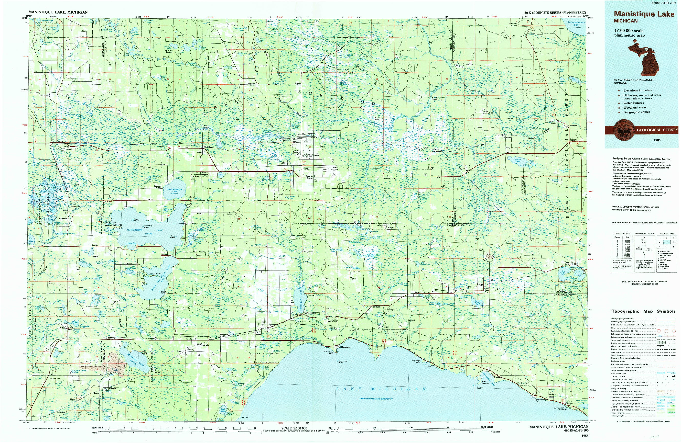 USGS 1:100000-SCALE QUADRANGLE FOR MANISTIQUE LAKE, MI 1985