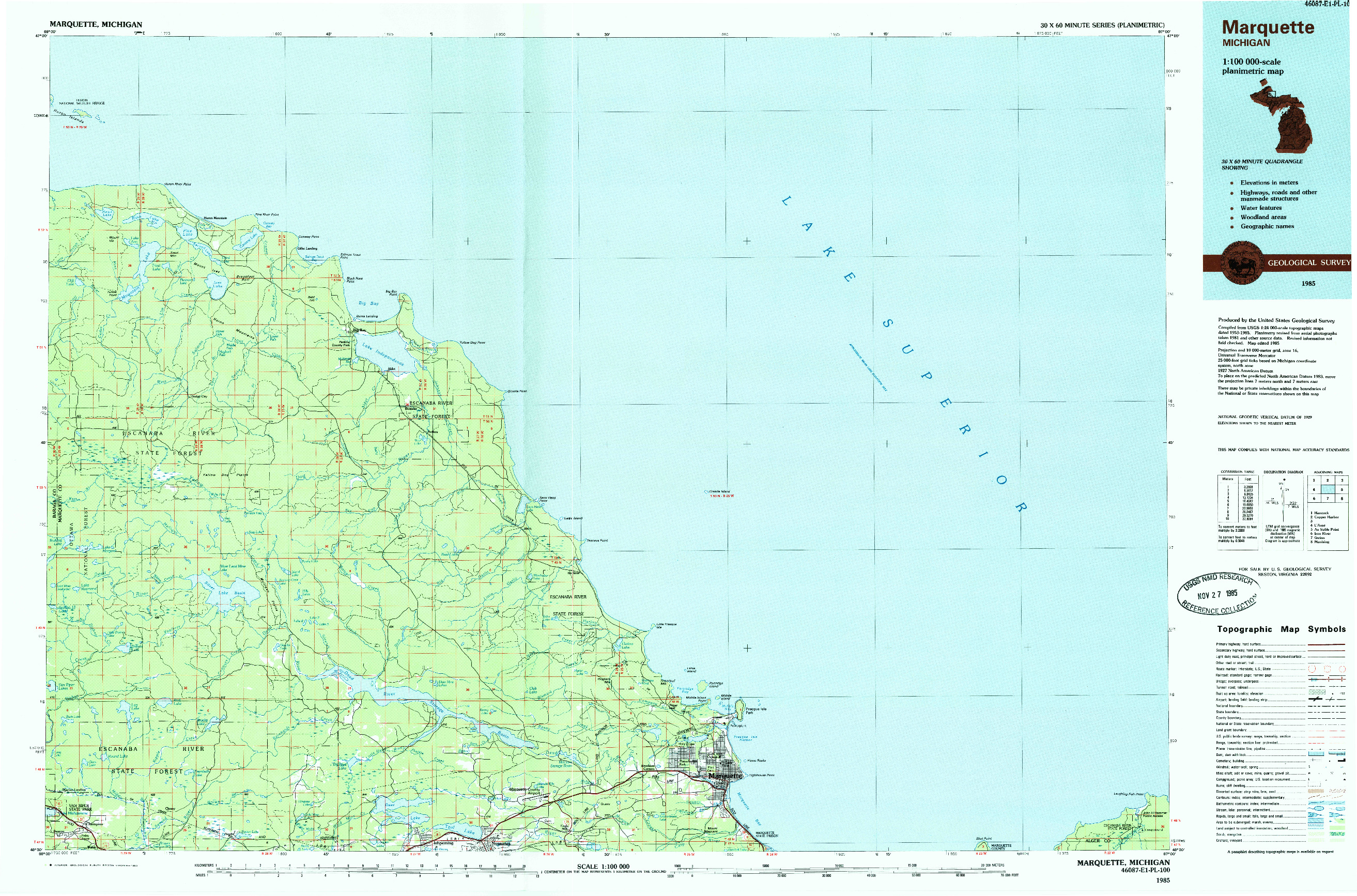 USGS 1:100000-SCALE QUADRANGLE FOR MARQUETTE, MI 1985