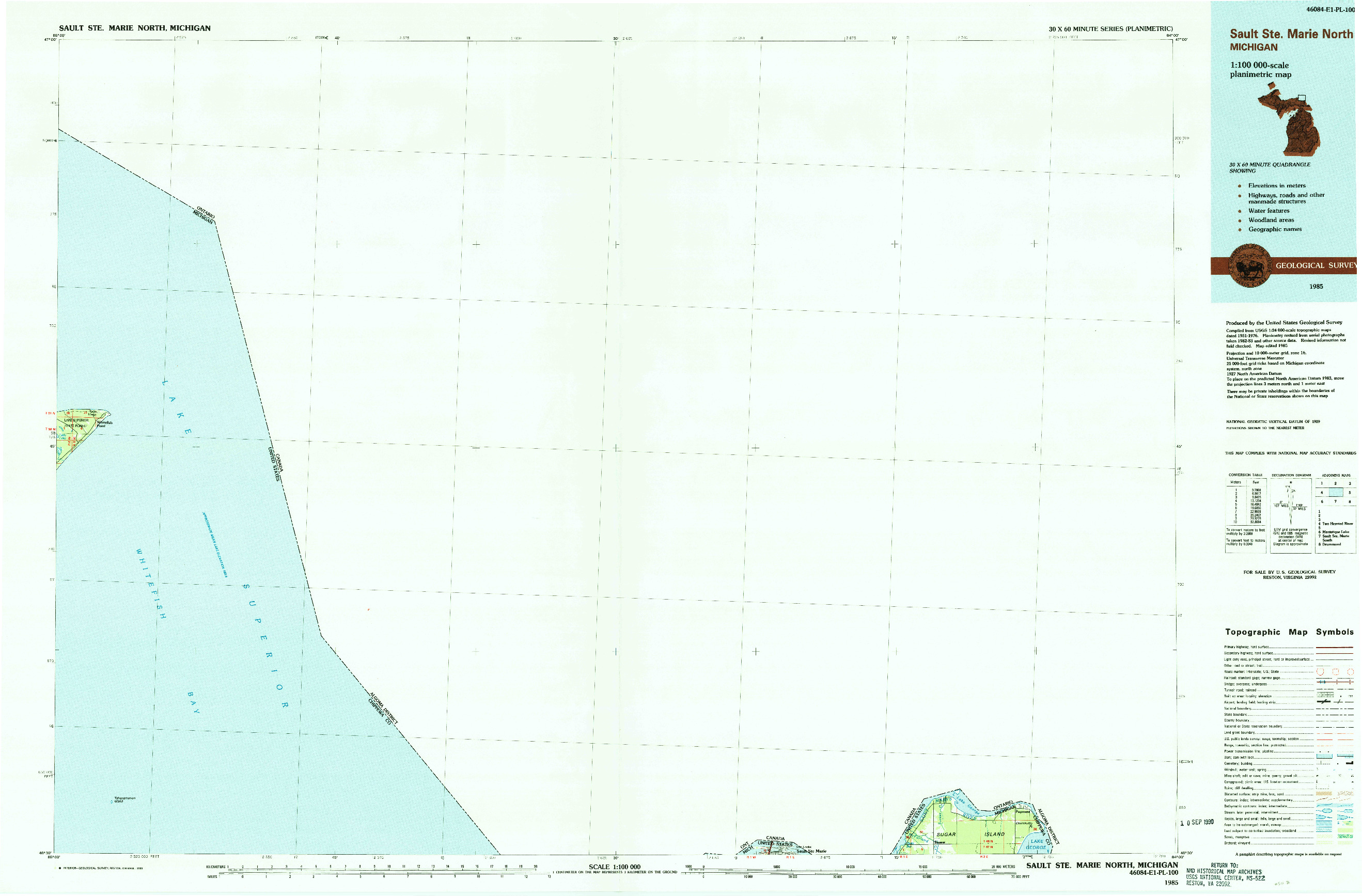 USGS 1:100000-SCALE QUADRANGLE FOR SAULT STE. MARIE NORTH, MI 1985