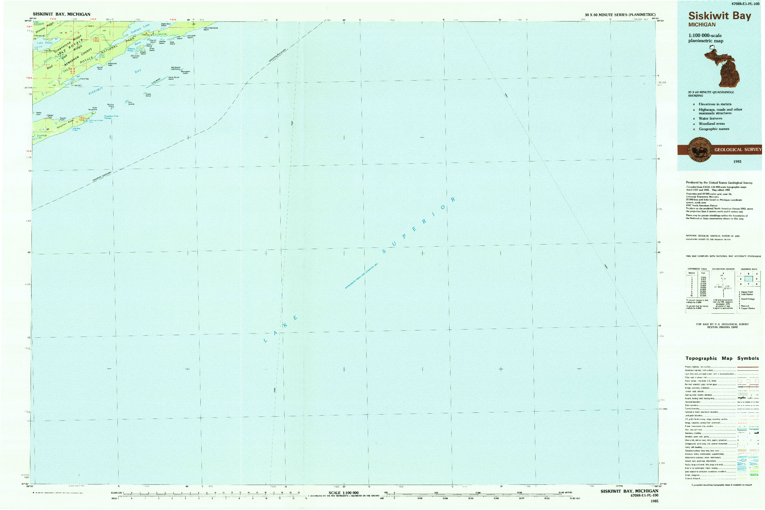 USGS 1:100000-SCALE QUADRANGLE FOR SISKIWIT BAY, MI 1985