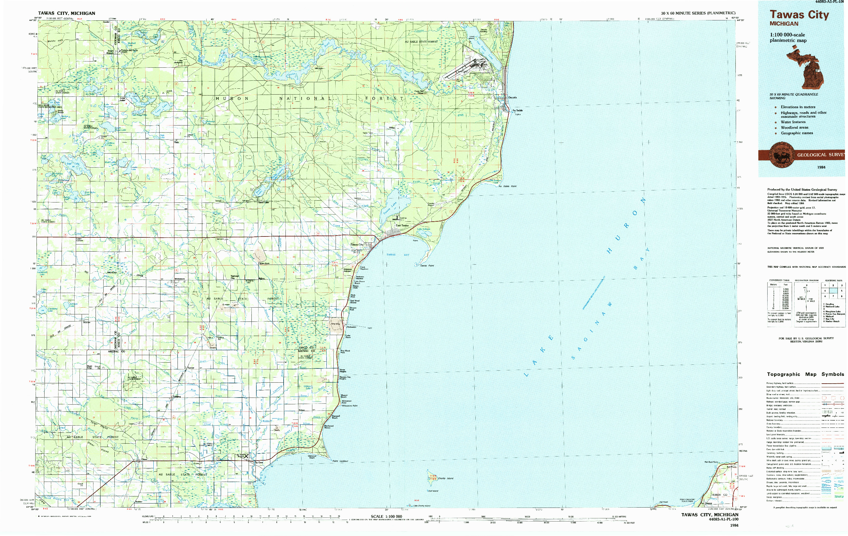 USGS 1:100000-SCALE QUADRANGLE FOR TAWAS CITY, MI 1984