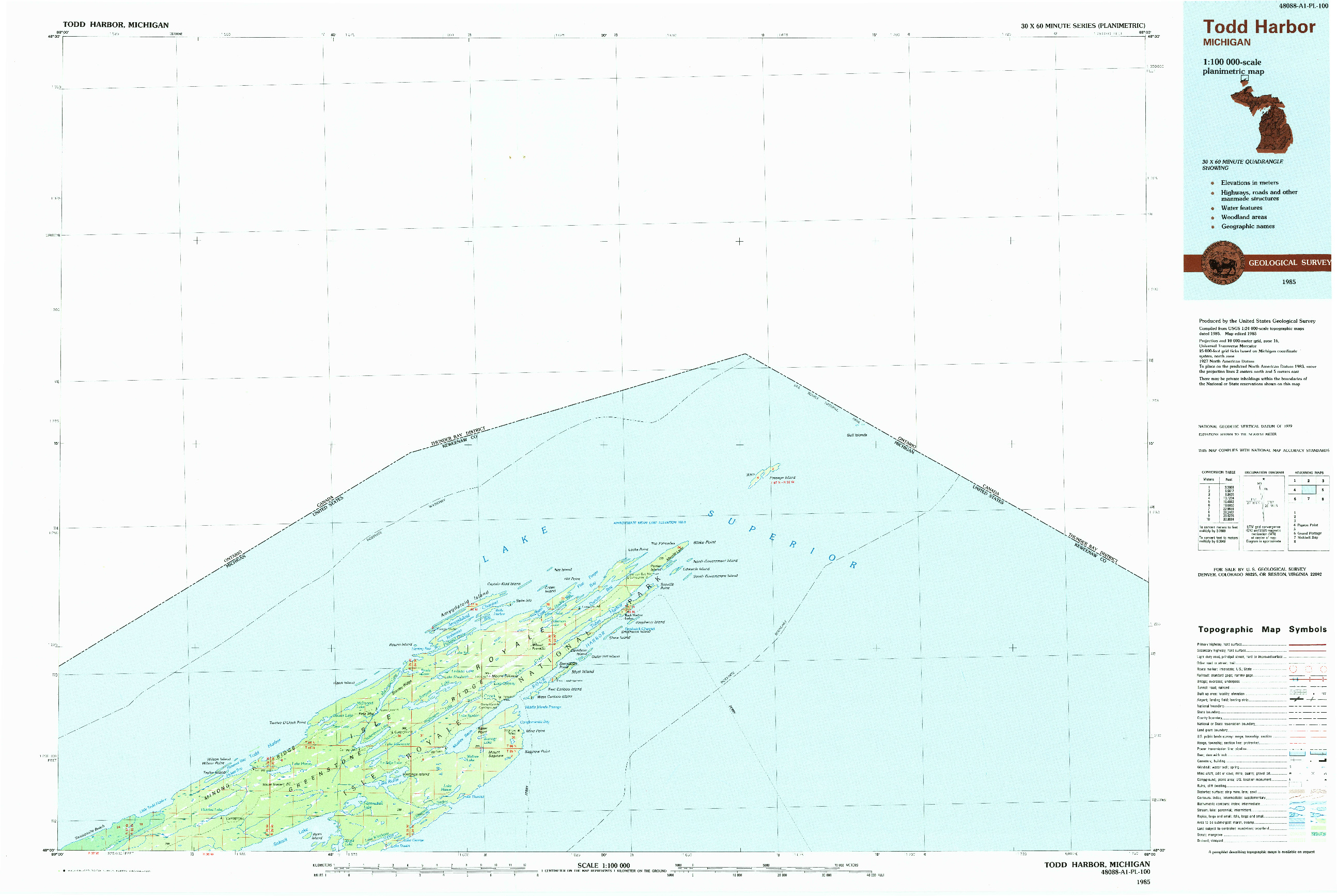 USGS 1:100000-SCALE QUADRANGLE FOR TODD HARBOR, MI 1985