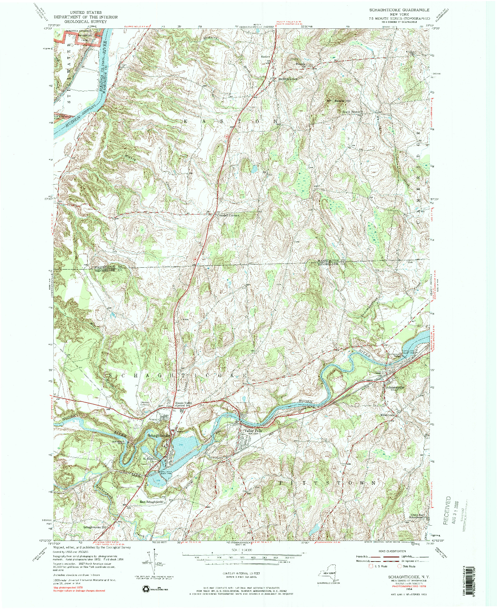 USGS 1:24000-SCALE QUADRANGLE FOR SCHAGHTICOKE, NY 1954