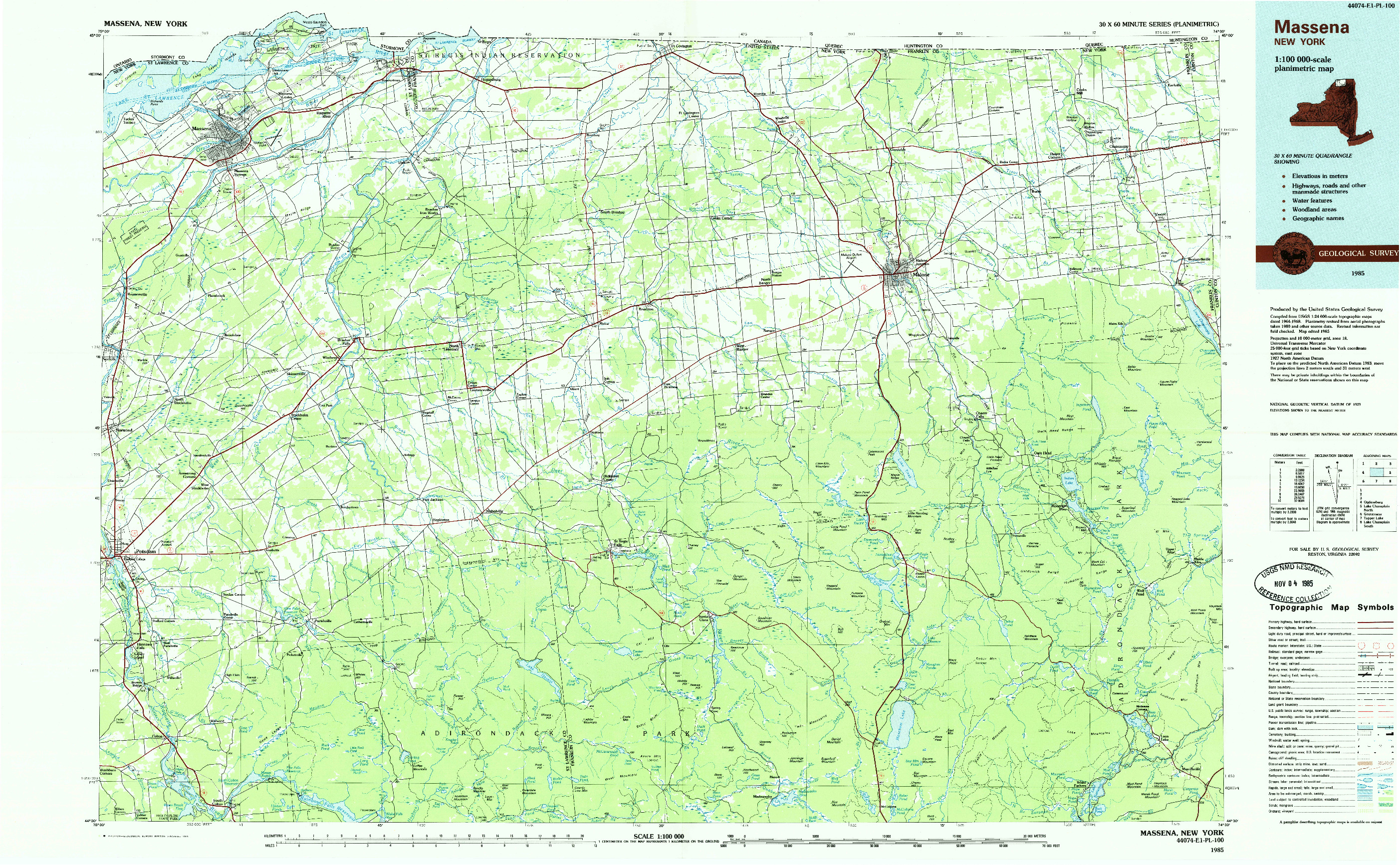 USGS 1:100000-SCALE QUADRANGLE FOR MASSENA, NY 1985