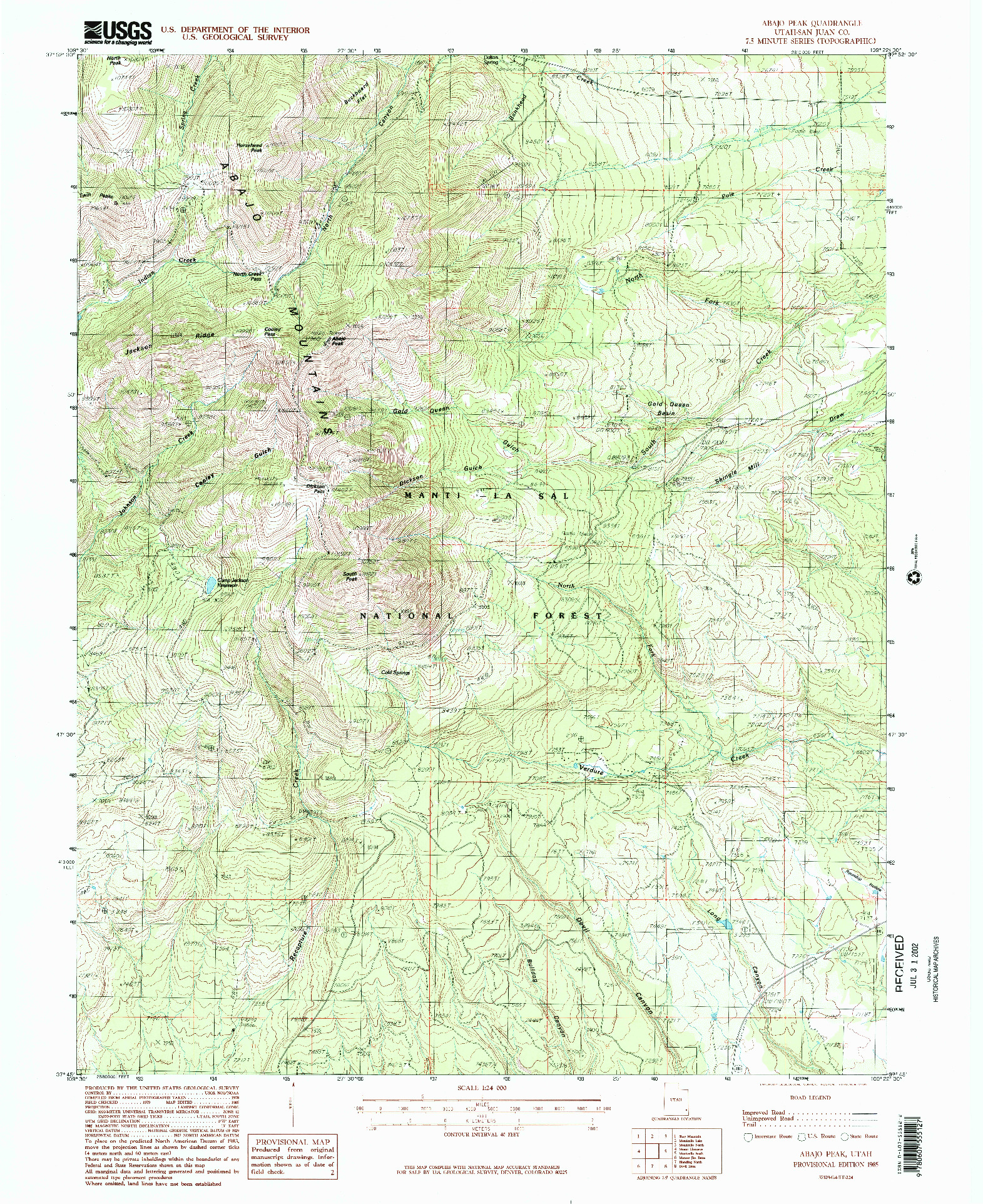 USGS 1:24000-SCALE QUADRANGLE FOR ABAJO PEAK, UT 1985