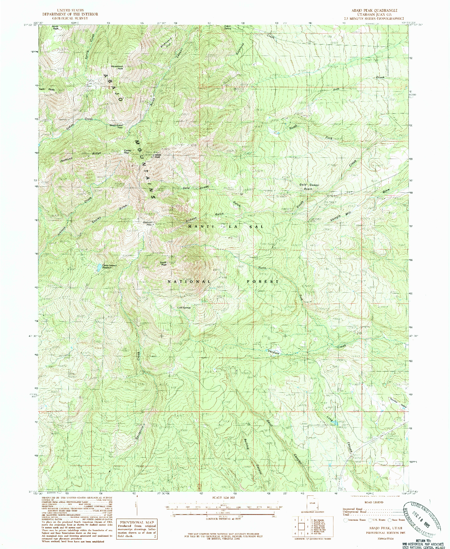 USGS 1:24000-SCALE QUADRANGLE FOR ABAJO PEAK, UT 1985
