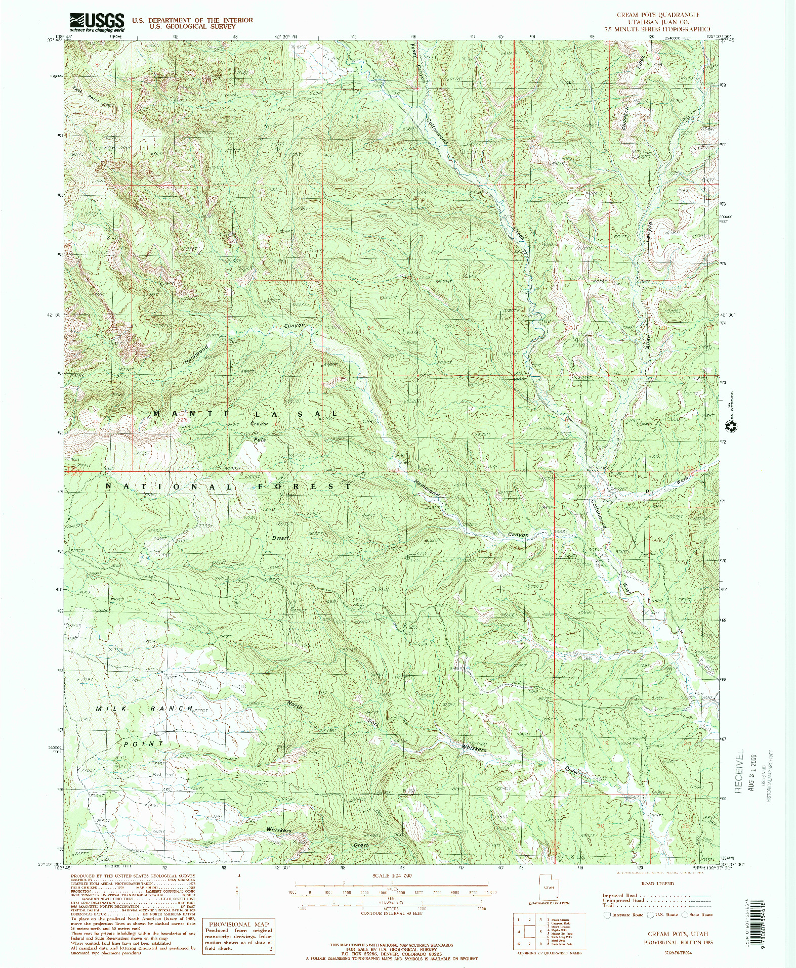 USGS 1:24000-SCALE QUADRANGLE FOR CREAM POTS, UT 1985