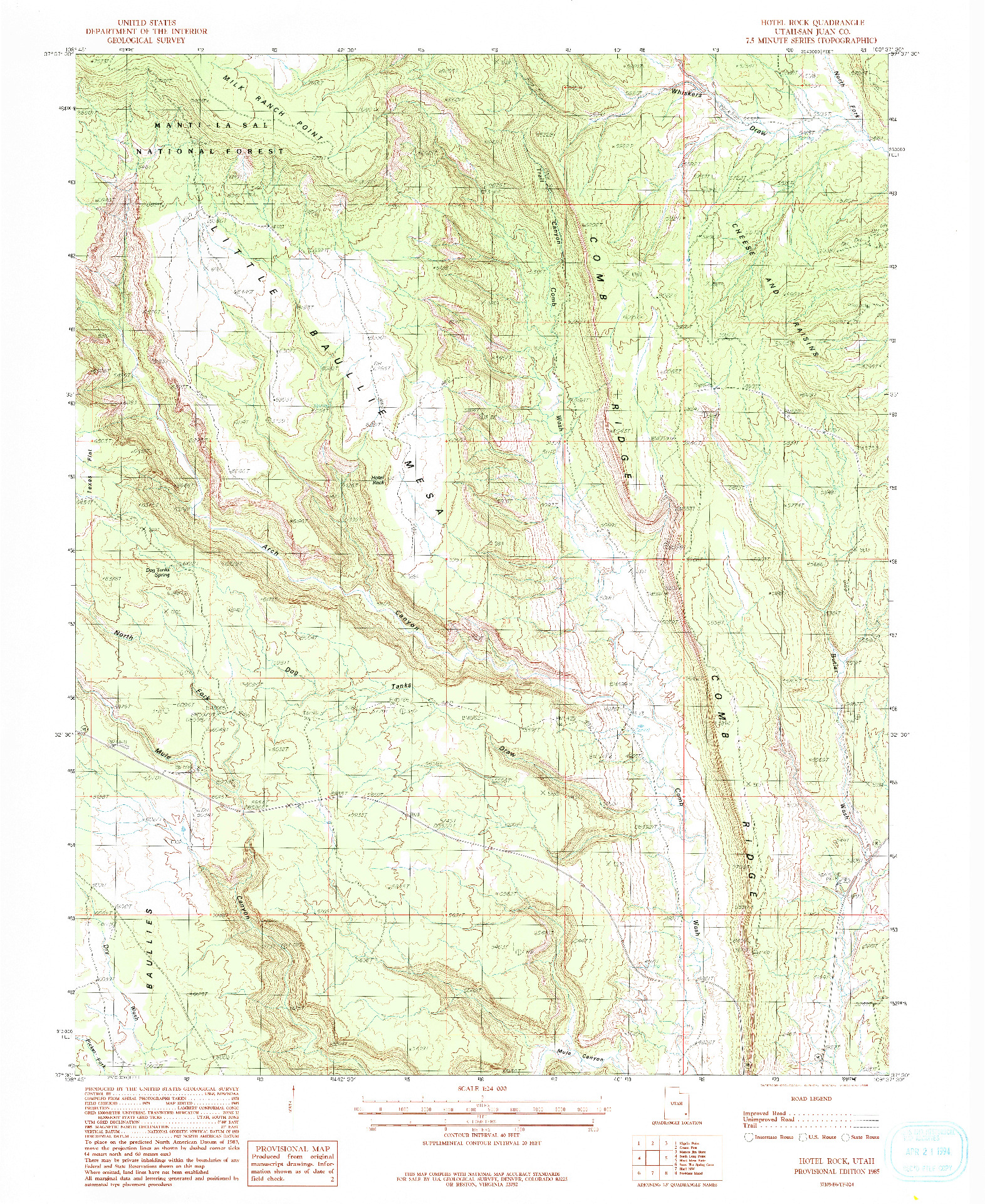 USGS 1:24000-SCALE QUADRANGLE FOR HOTEL ROCK, UT 1985