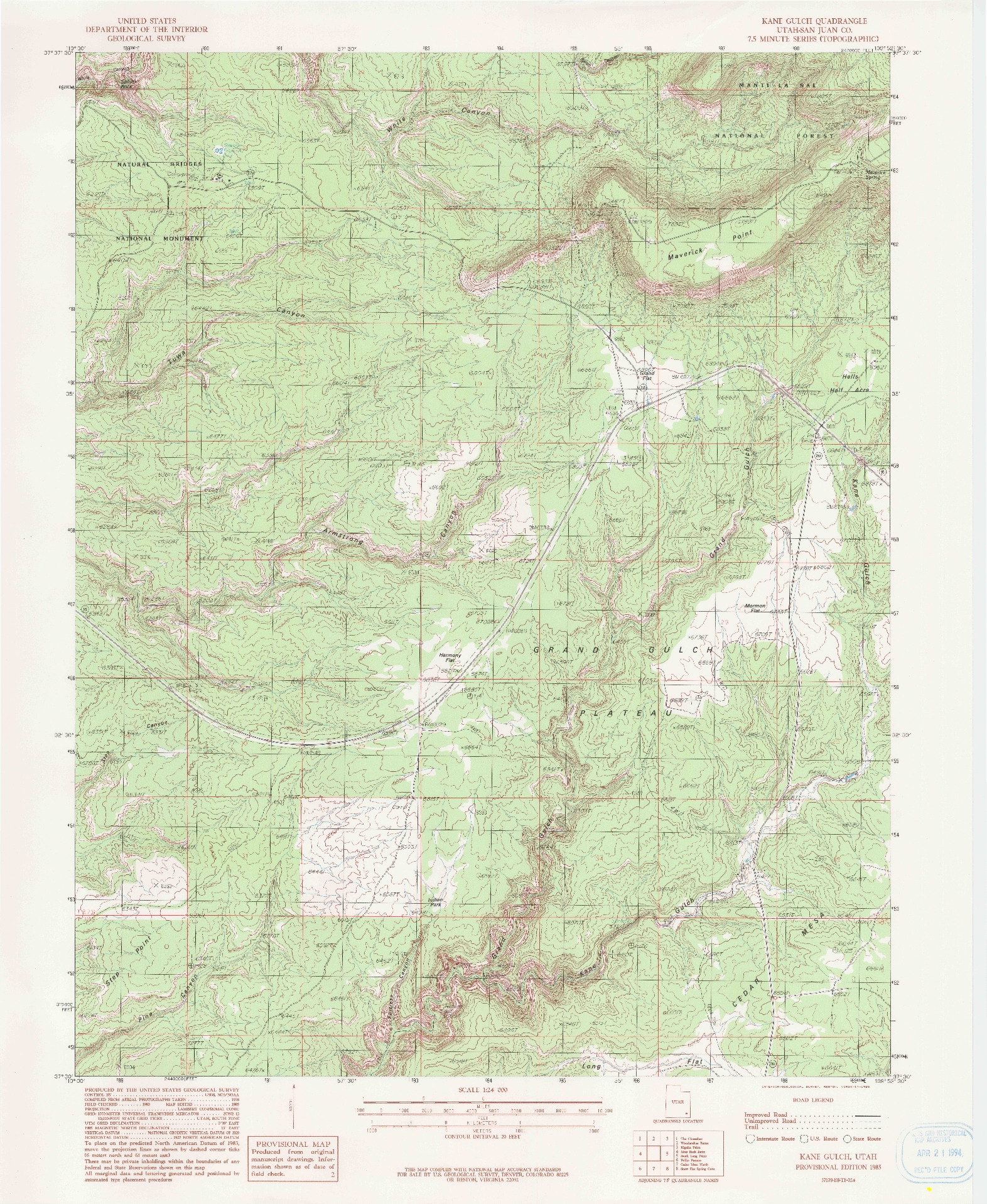 USGS 1:24000-SCALE QUADRANGLE FOR KANE GULCH, UT 1985