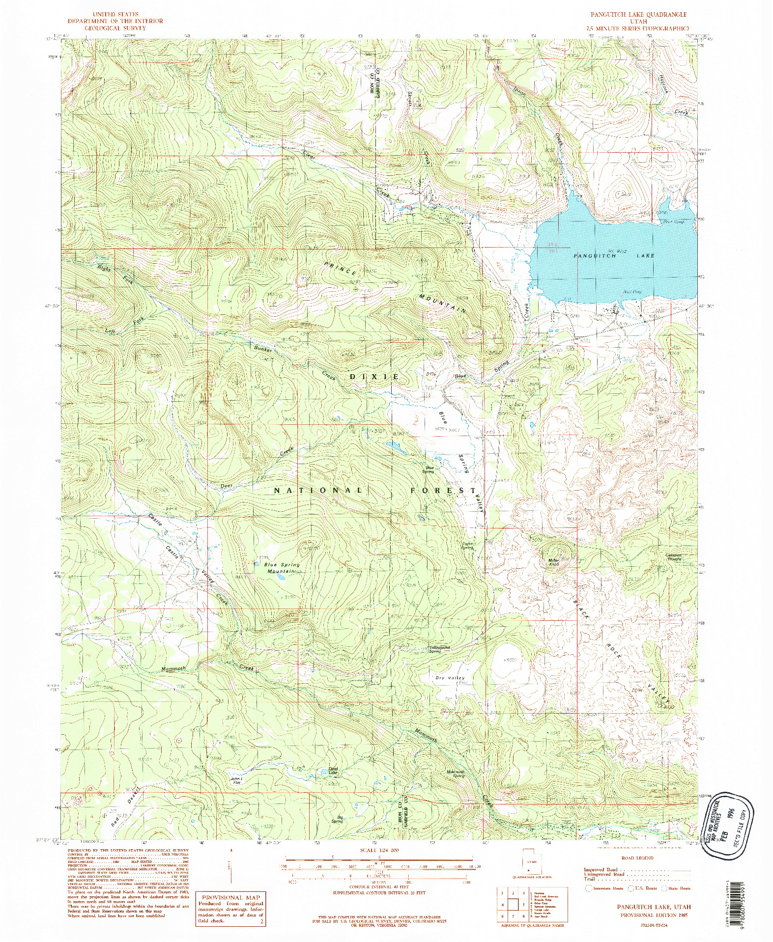 USGS 1:24000-SCALE QUADRANGLE FOR PANGUITCH LAKE, UT 1985