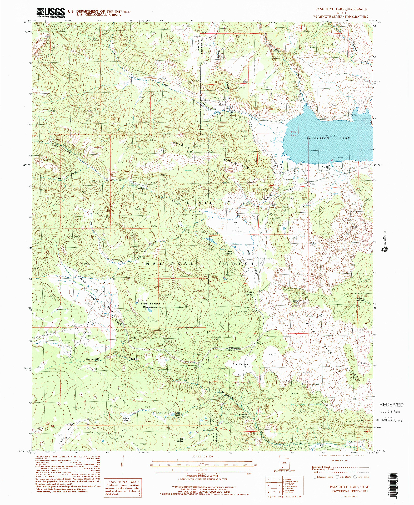 USGS 1:24000-SCALE QUADRANGLE FOR PANGUITCH LAKE, UT 1985