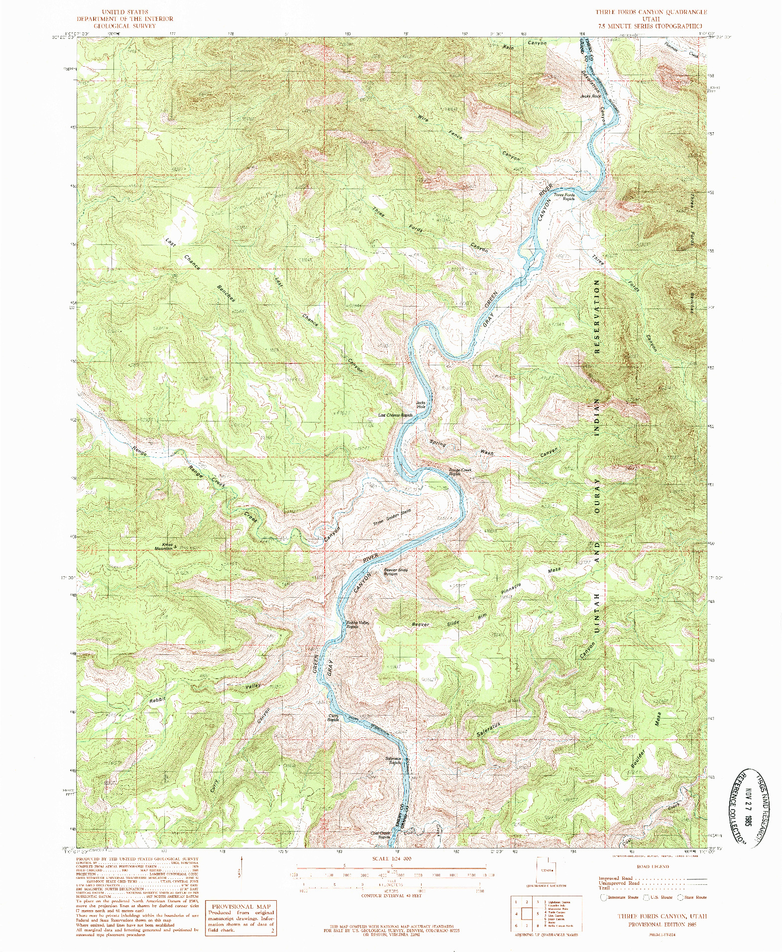 USGS 1:24000-SCALE QUADRANGLE FOR THREE FORDS CANYON, UT 1985