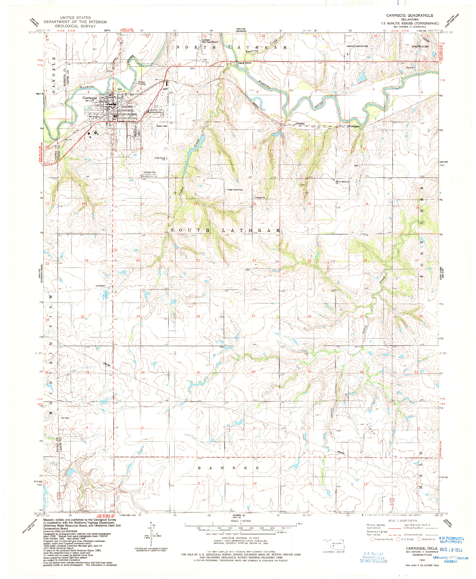 USGS 1:24000-SCALE QUADRANGLE FOR CARNEGIE, OK 1984