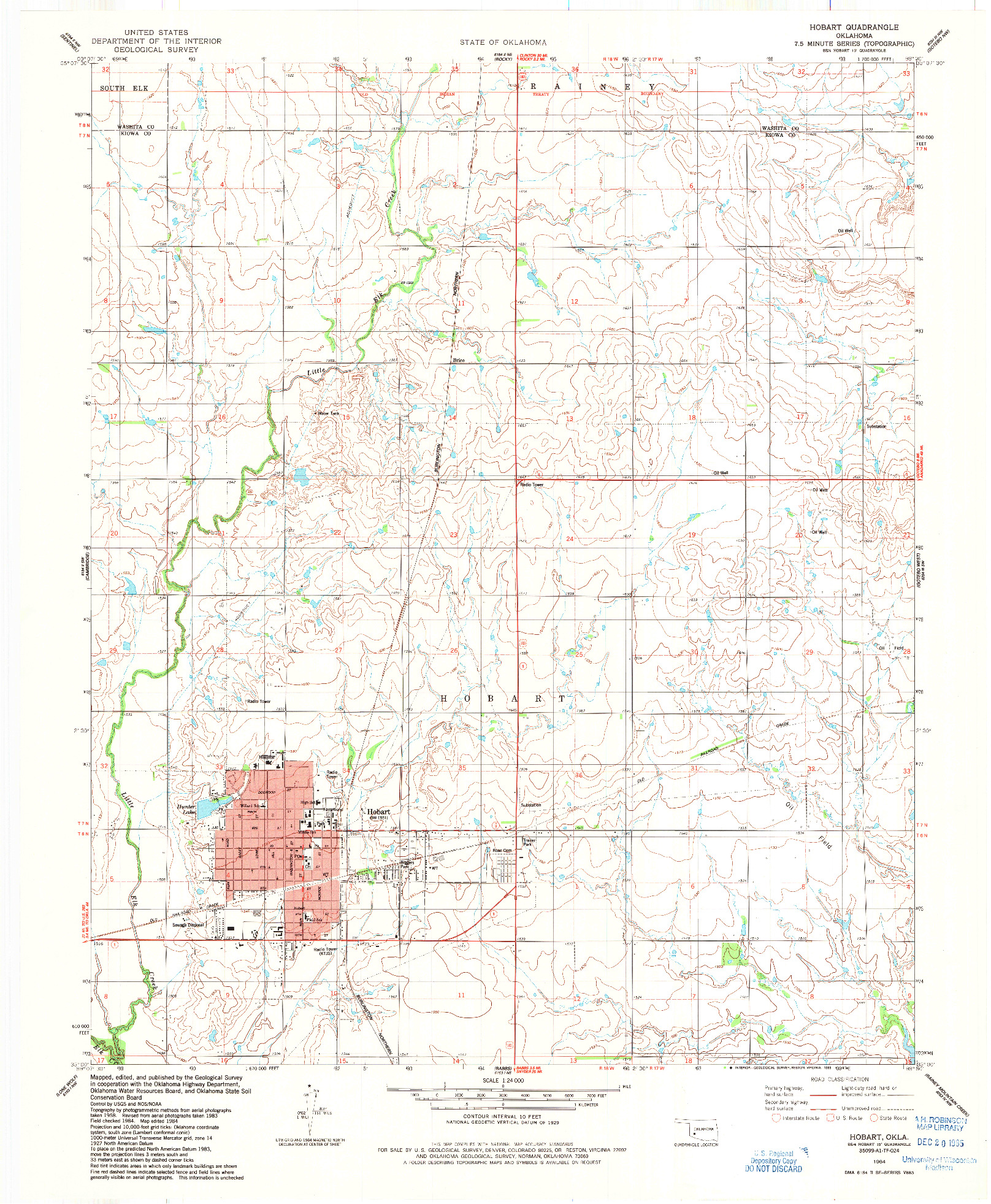 USGS 1:24000-SCALE QUADRANGLE FOR HOBART, OK 1984