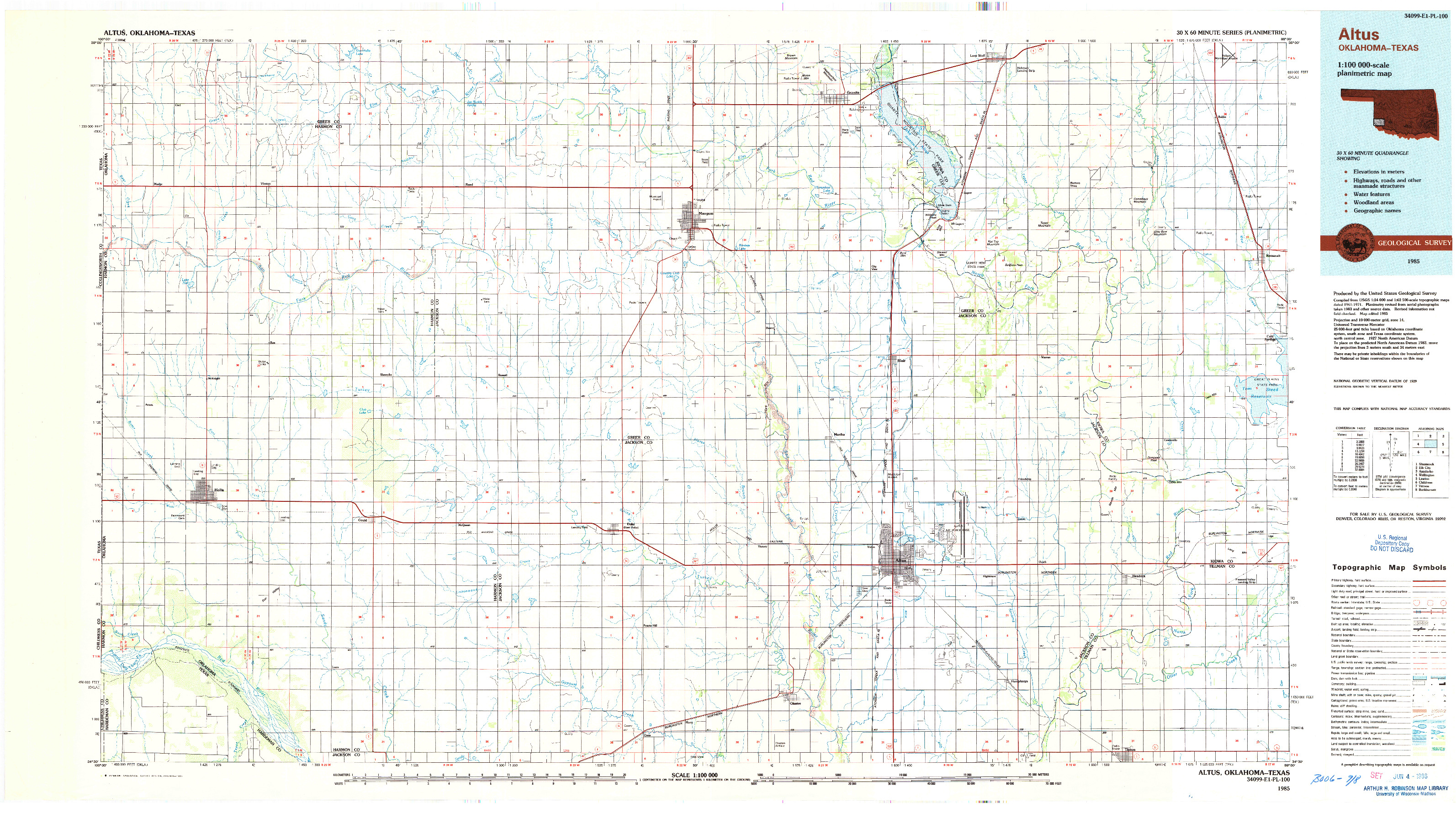 USGS 1:100000-SCALE QUADRANGLE FOR ALTUS, OK 1985