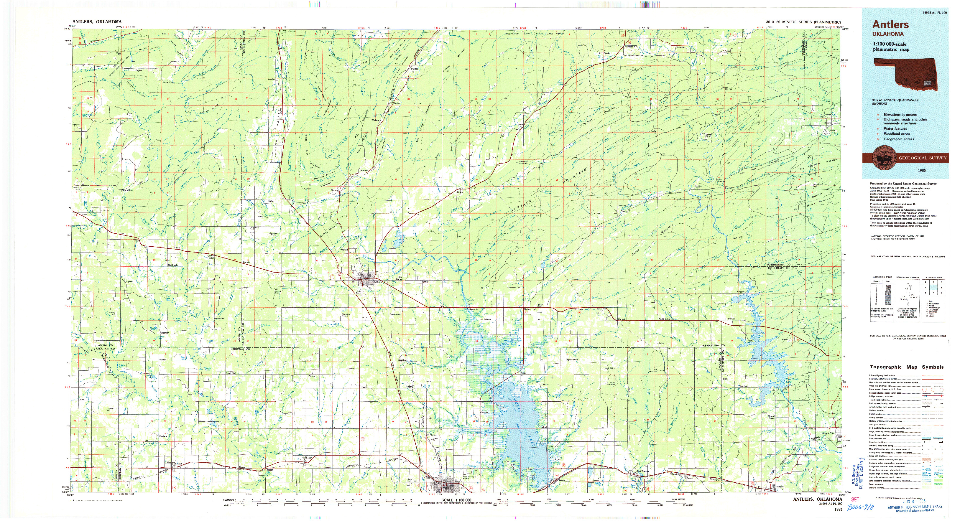 USGS 1:100000-SCALE QUADRANGLE FOR ANTLERS, OK 1985