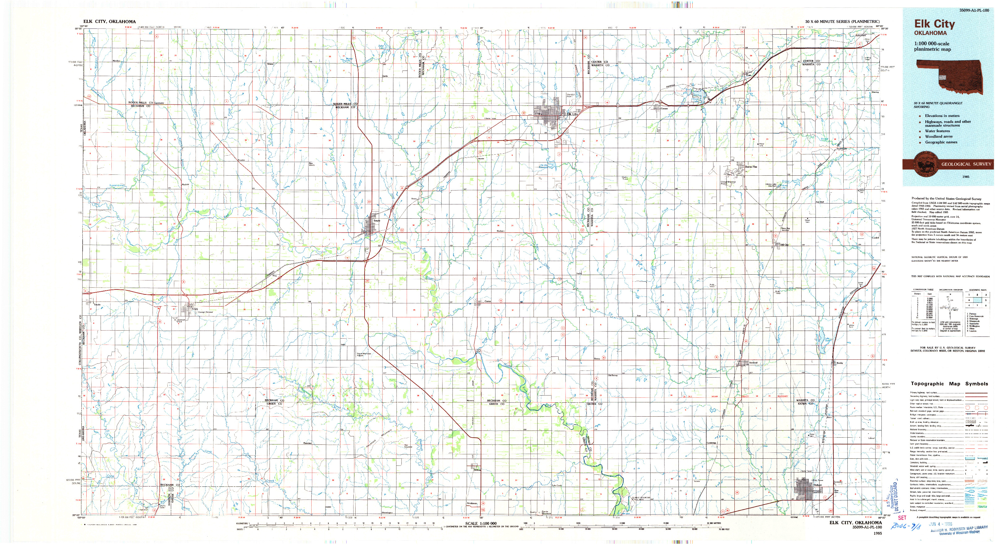 USGS 1:100000-SCALE QUADRANGLE FOR ELK CITY, OK 1985