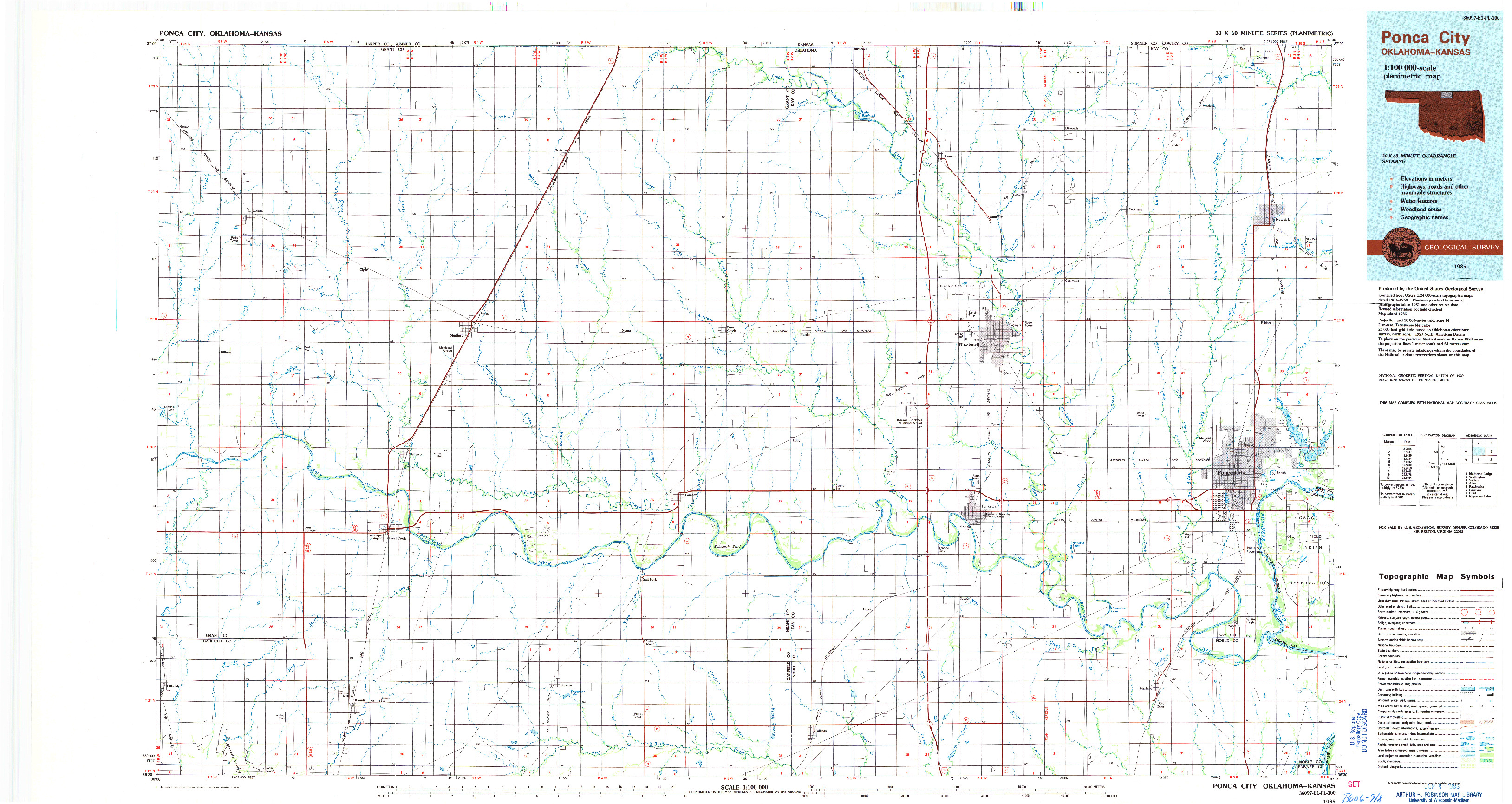 USGS 1:100000-SCALE QUADRANGLE FOR PONCA CITY, OK 1985