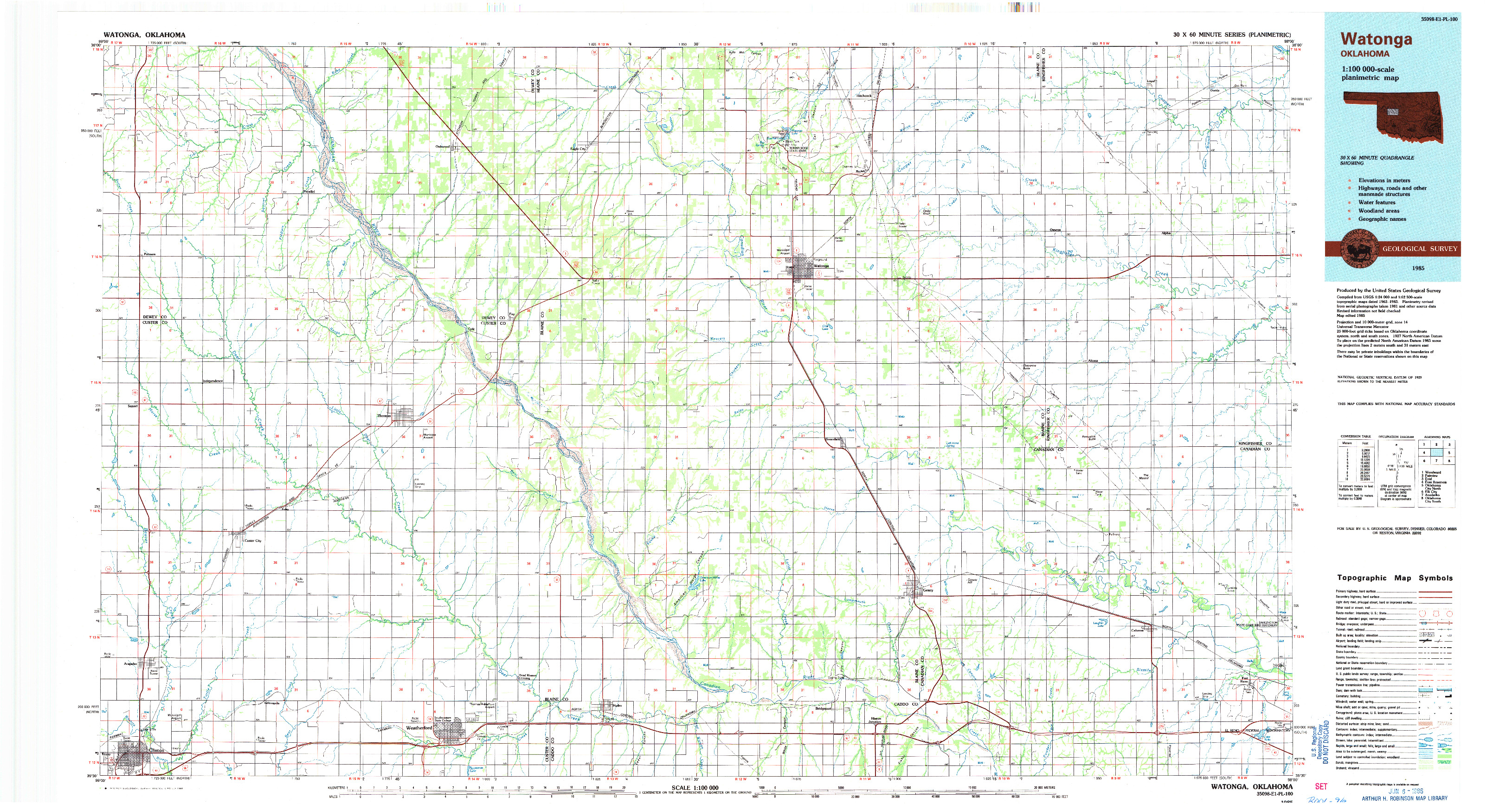 USGS 1:100000-SCALE QUADRANGLE FOR WATONGA, OK 1985