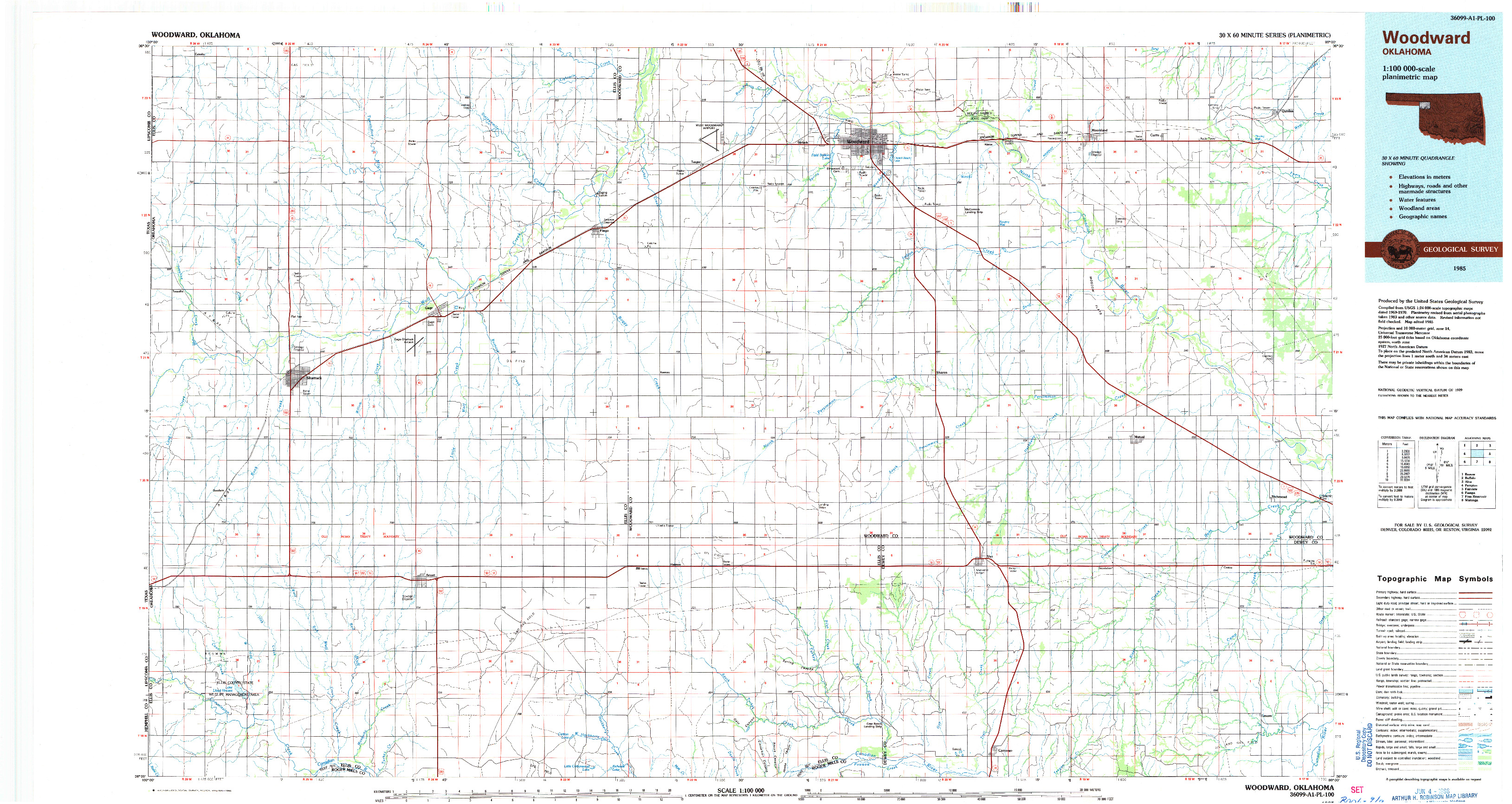 USGS 1:100000-SCALE QUADRANGLE FOR WOODWARD, OK 1985