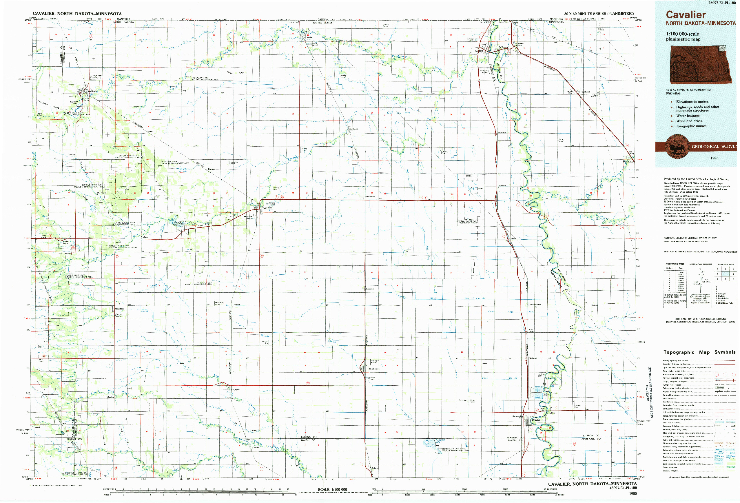 USGS 1:100000-SCALE QUADRANGLE FOR CAVALIER, ND 1985