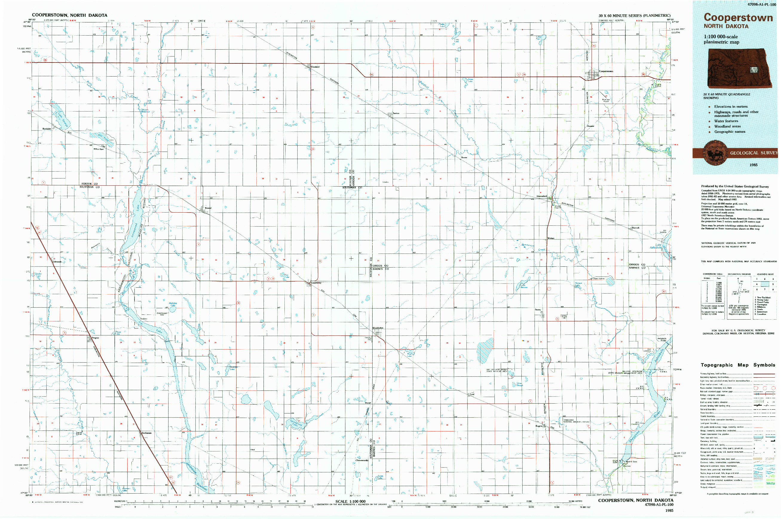 USGS 1:100000-SCALE QUADRANGLE FOR COOPERSTOWN, ND 1985