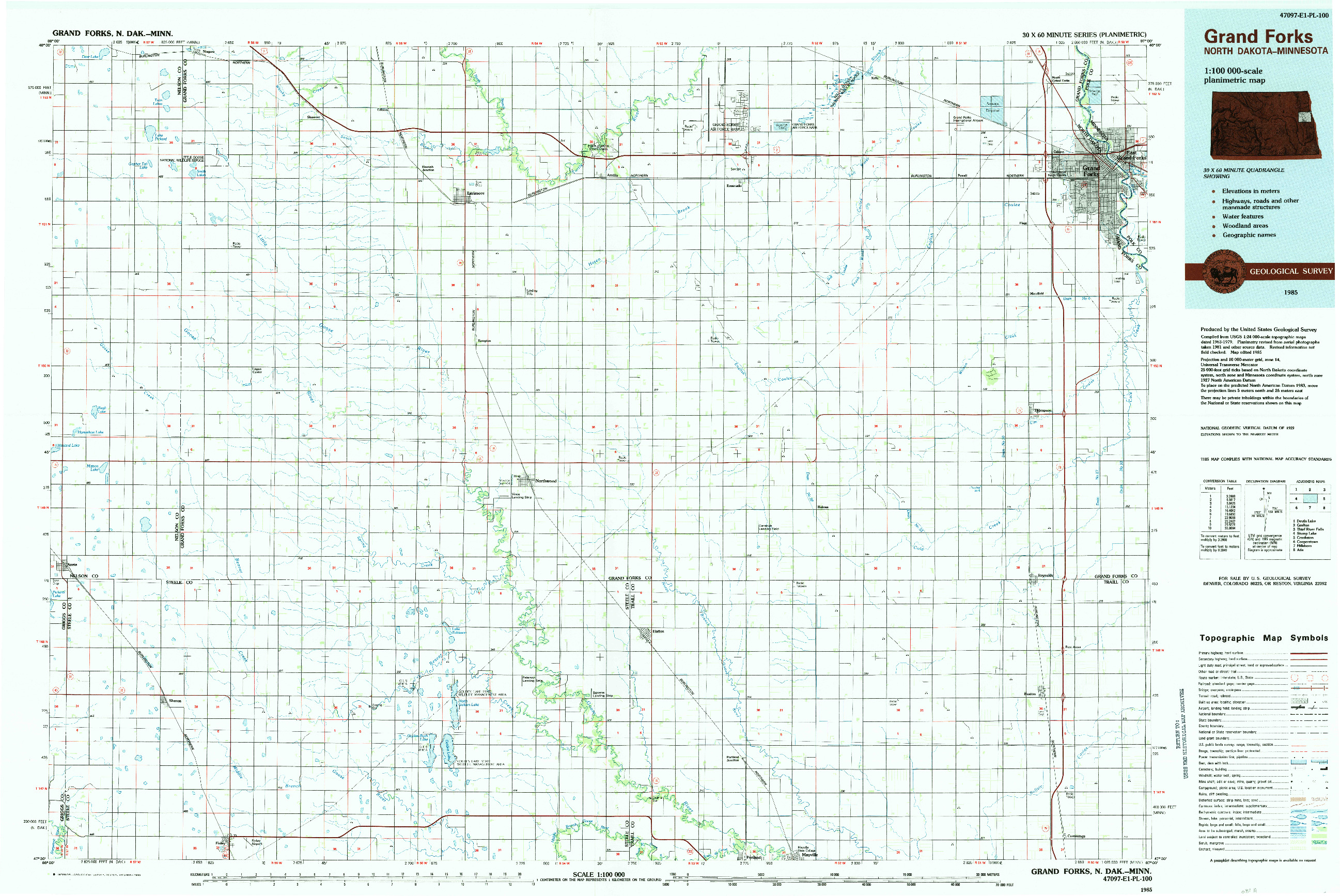 USGS 1:100000-SCALE QUADRANGLE FOR GRAND FORKS, ND 1985