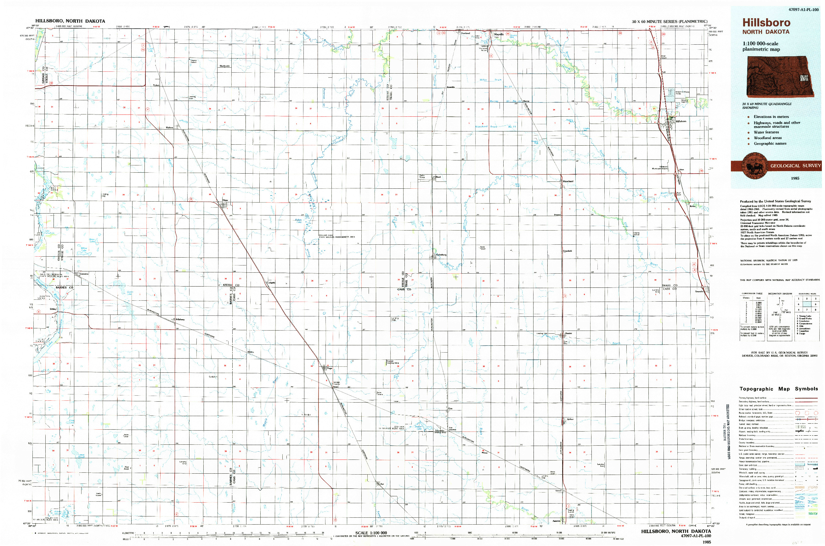 USGS 1:100000-SCALE QUADRANGLE FOR HILLSBORO, ND 1985