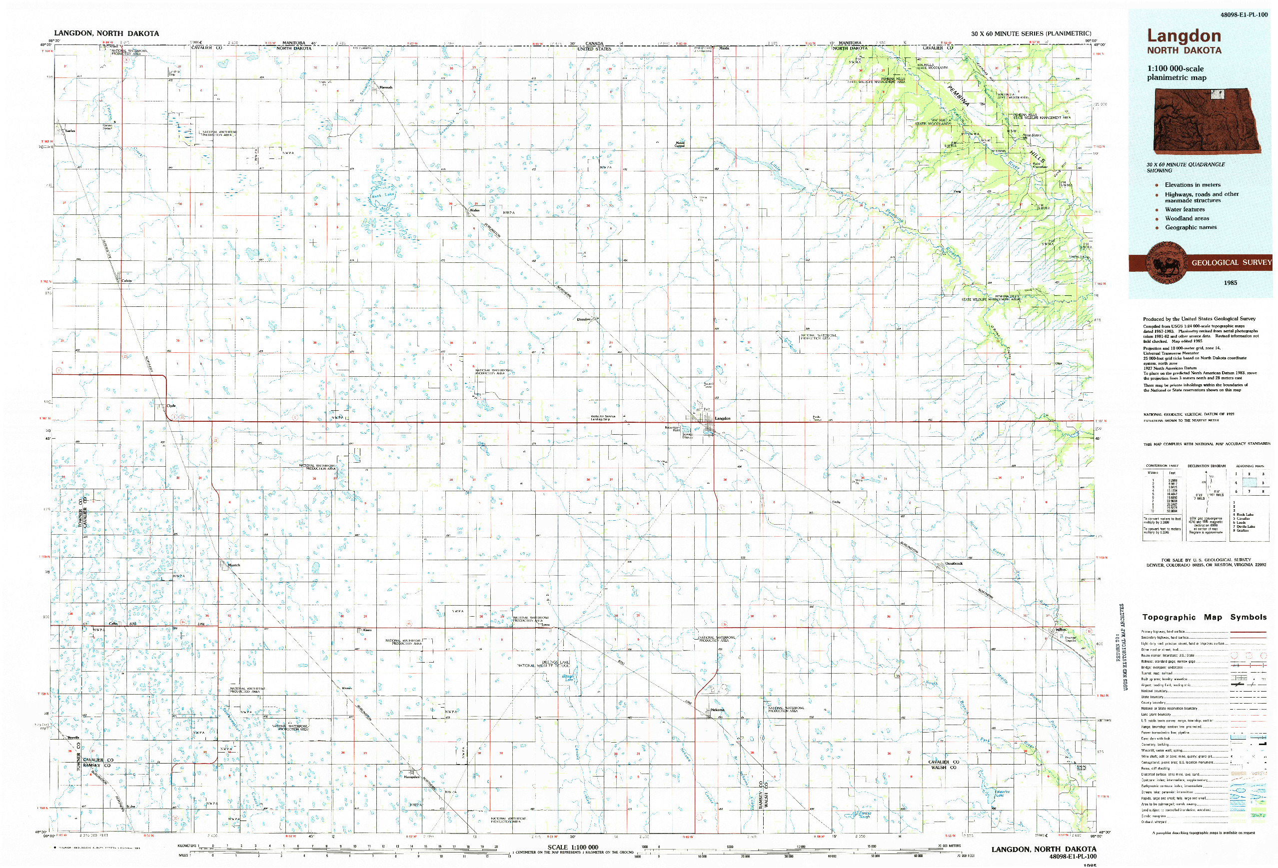 USGS 1:100000-SCALE QUADRANGLE FOR LANGDON, ND 1985