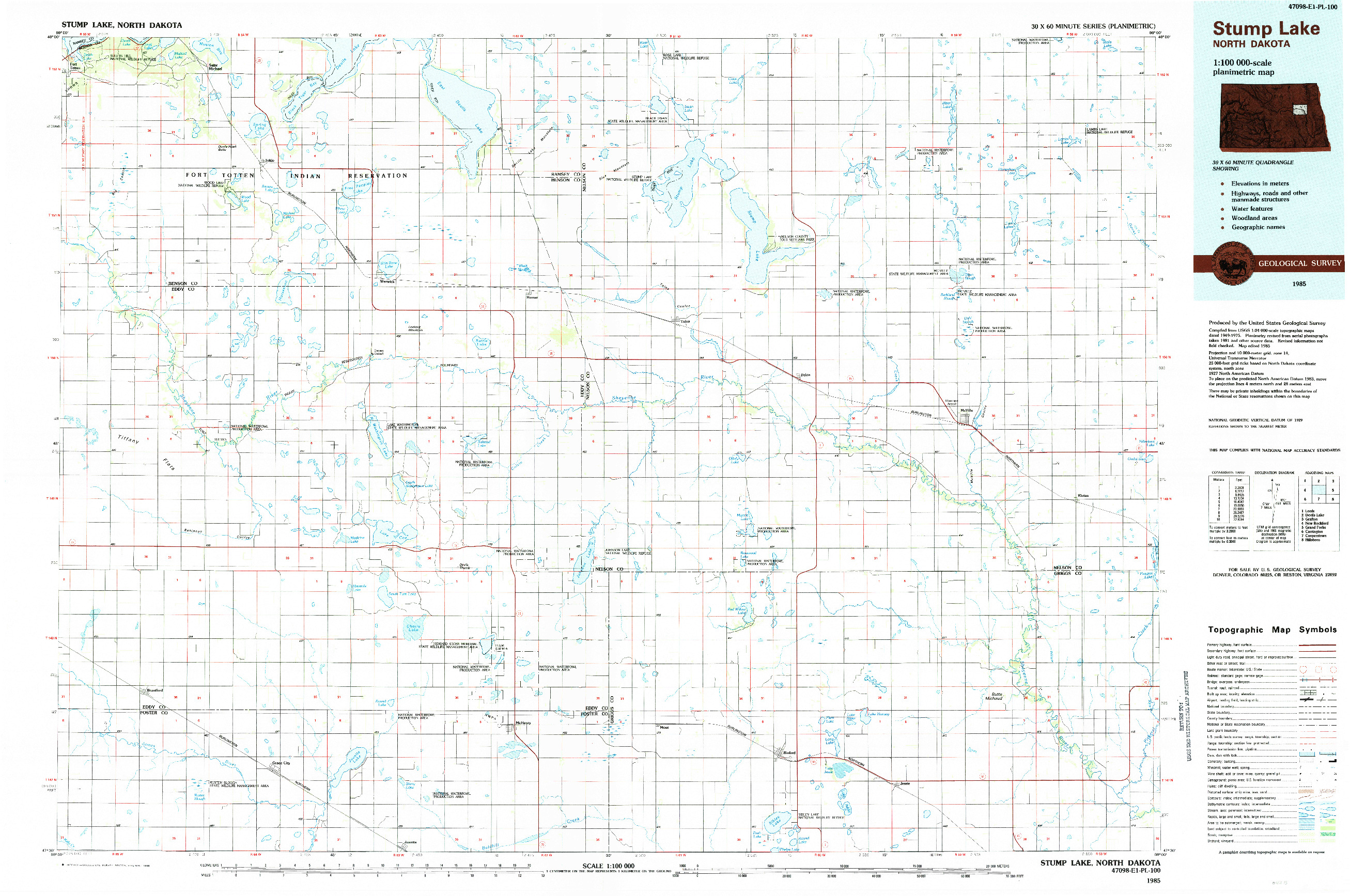 USGS 1:100000-SCALE QUADRANGLE FOR STUMP LAKE, ND 1985