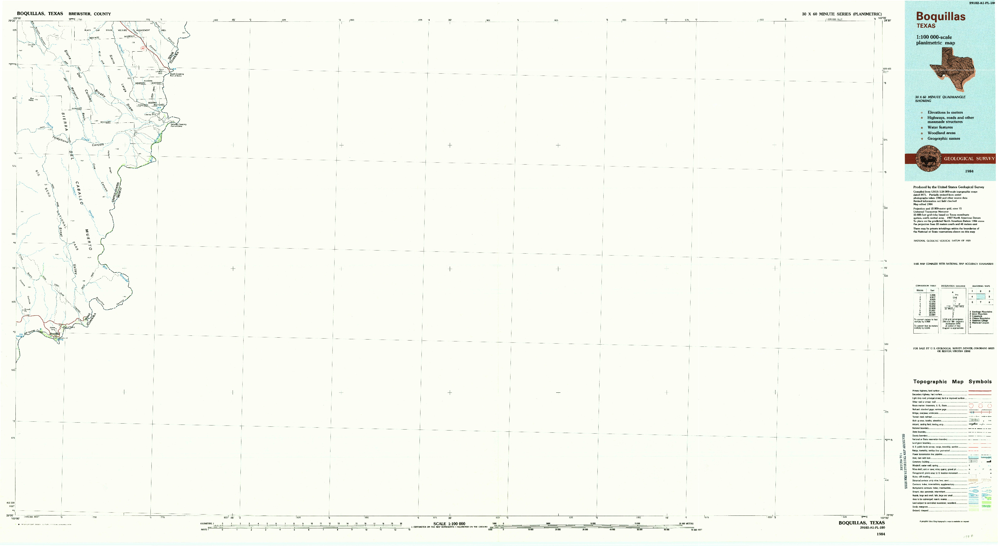 USGS 1:100000-SCALE QUADRANGLE FOR BOQUILLAS, TX 1984