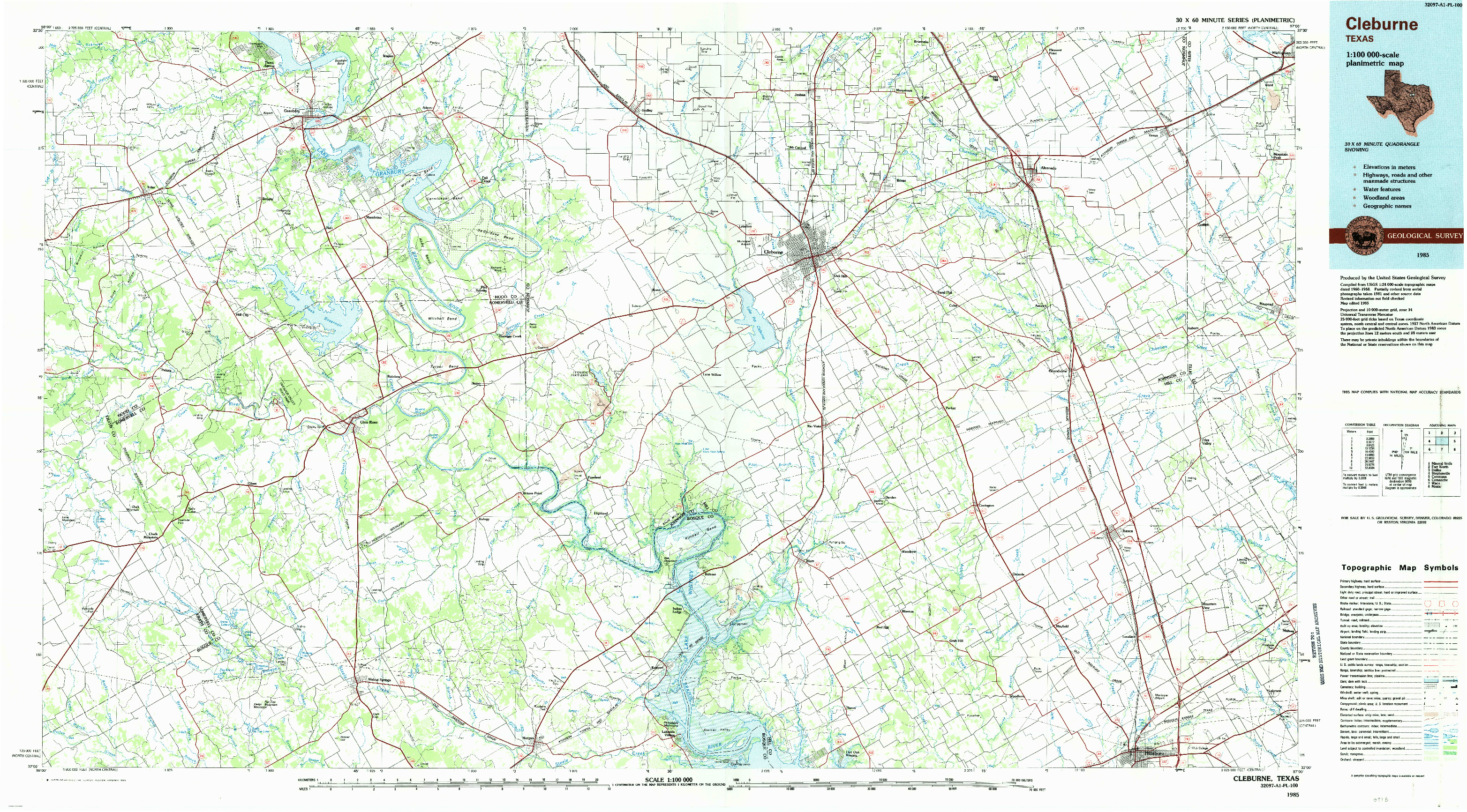 USGS 1:100000-SCALE QUADRANGLE FOR CLEBURNE, TX 1985