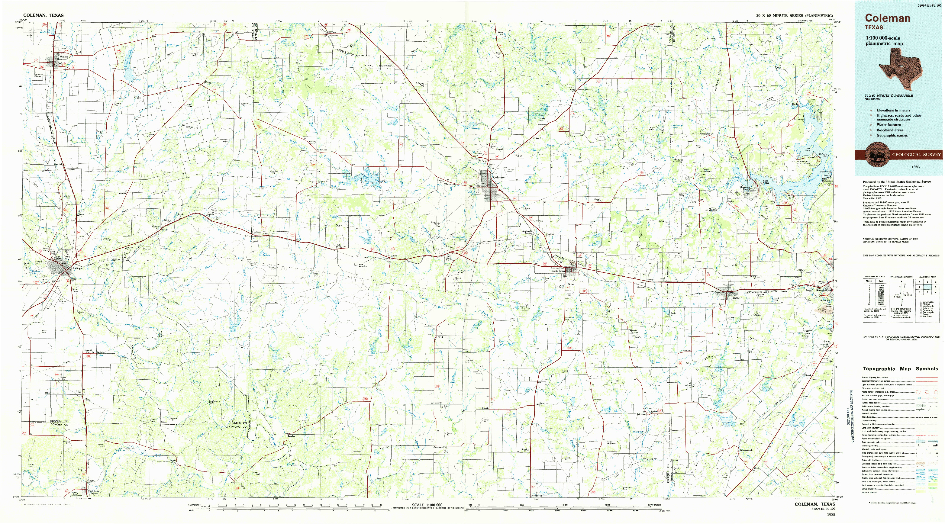 USGS 1:100000-SCALE QUADRANGLE FOR COLEMAN, TX 1985