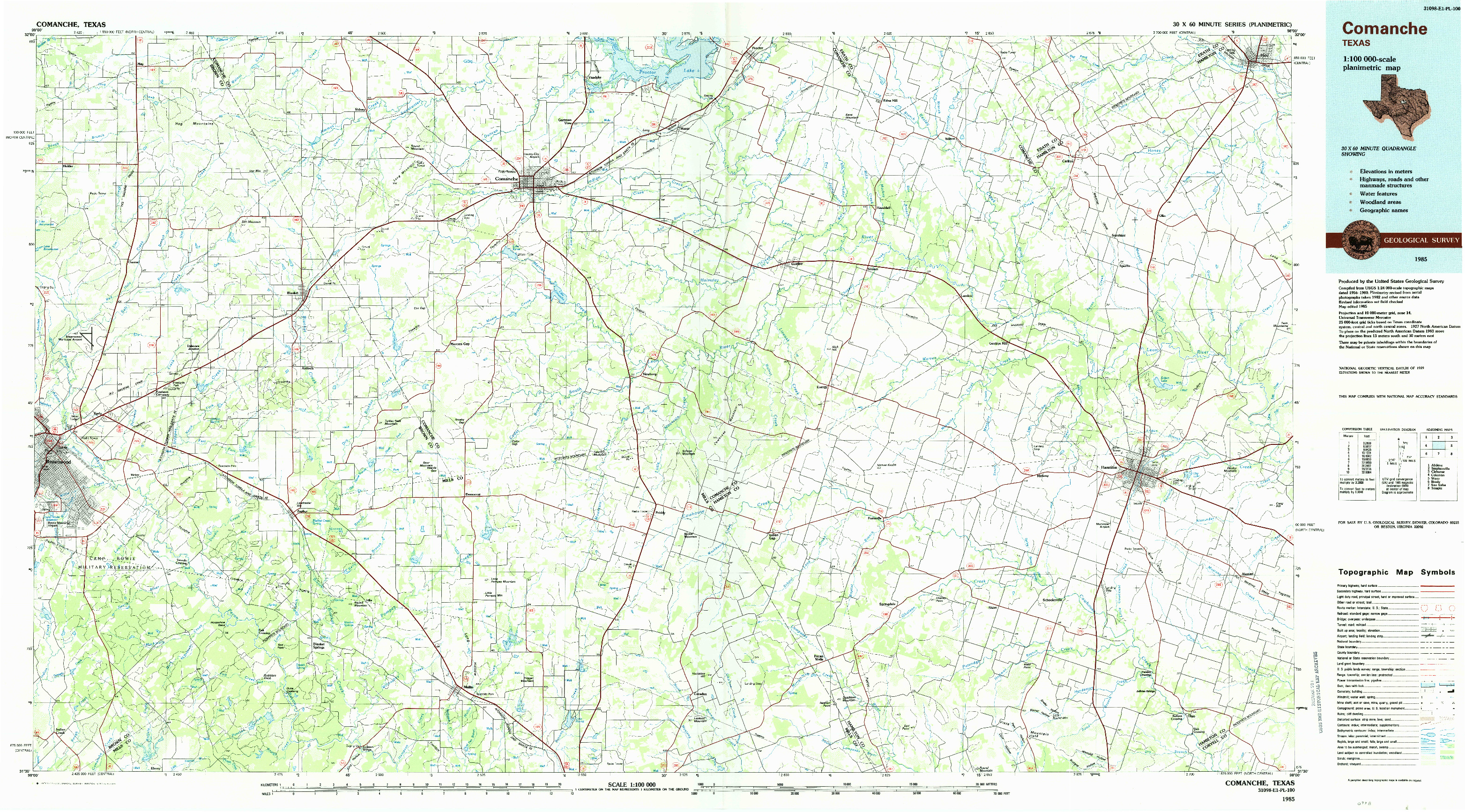 USGS 1:100000-SCALE QUADRANGLE FOR COMANCHE, TX 1985