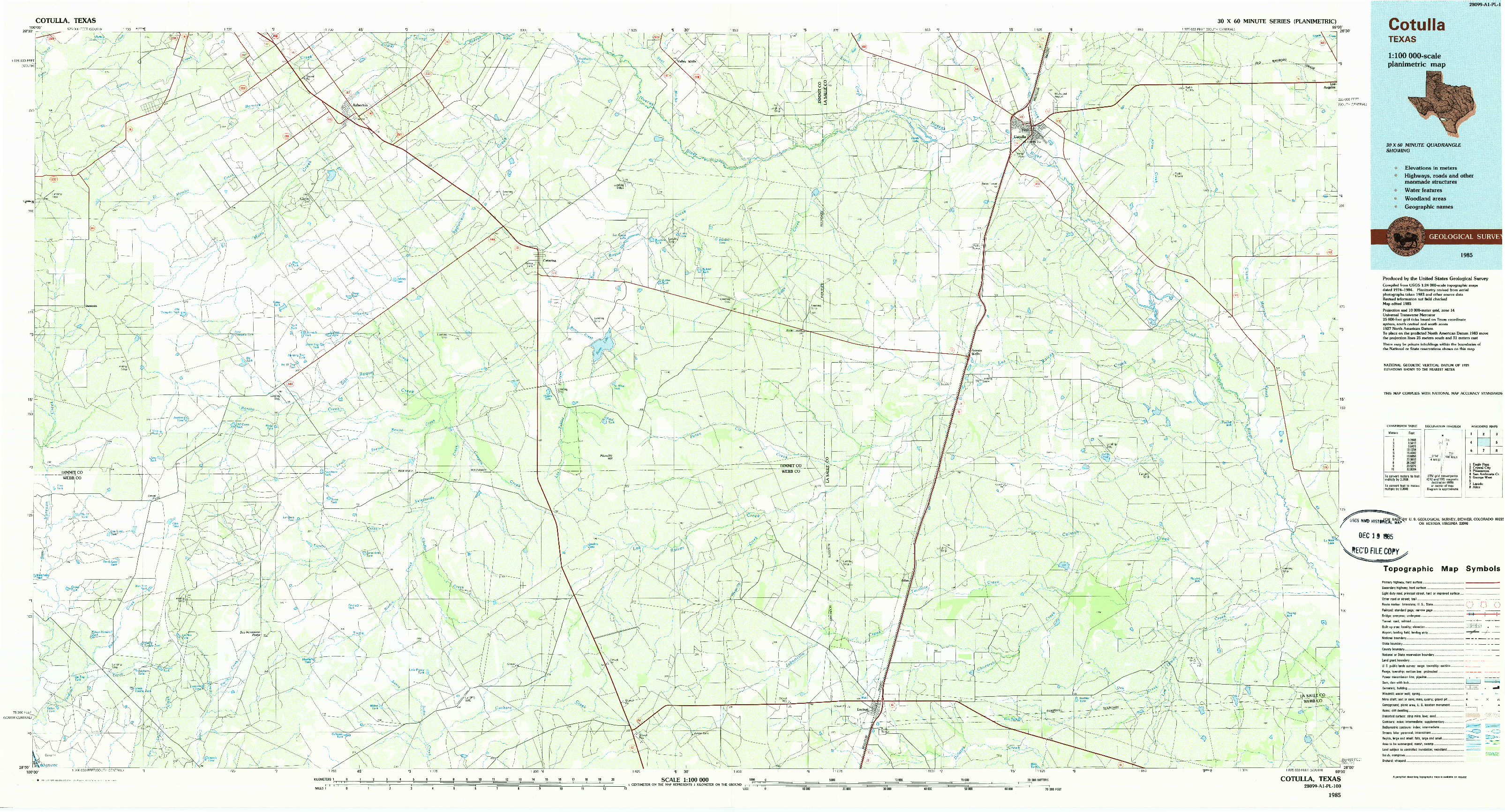 USGS 1:100000-SCALE QUADRANGLE FOR COTULLA, TX 1985