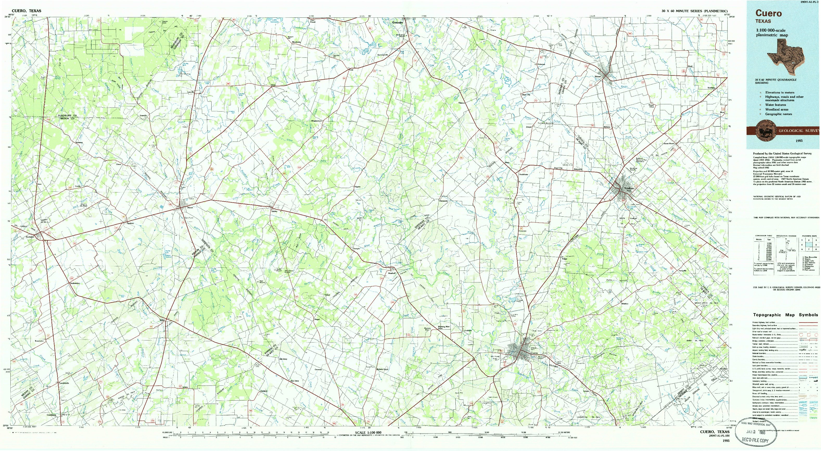 USGS 1:100000-SCALE QUADRANGLE FOR CUERO, TX 1985