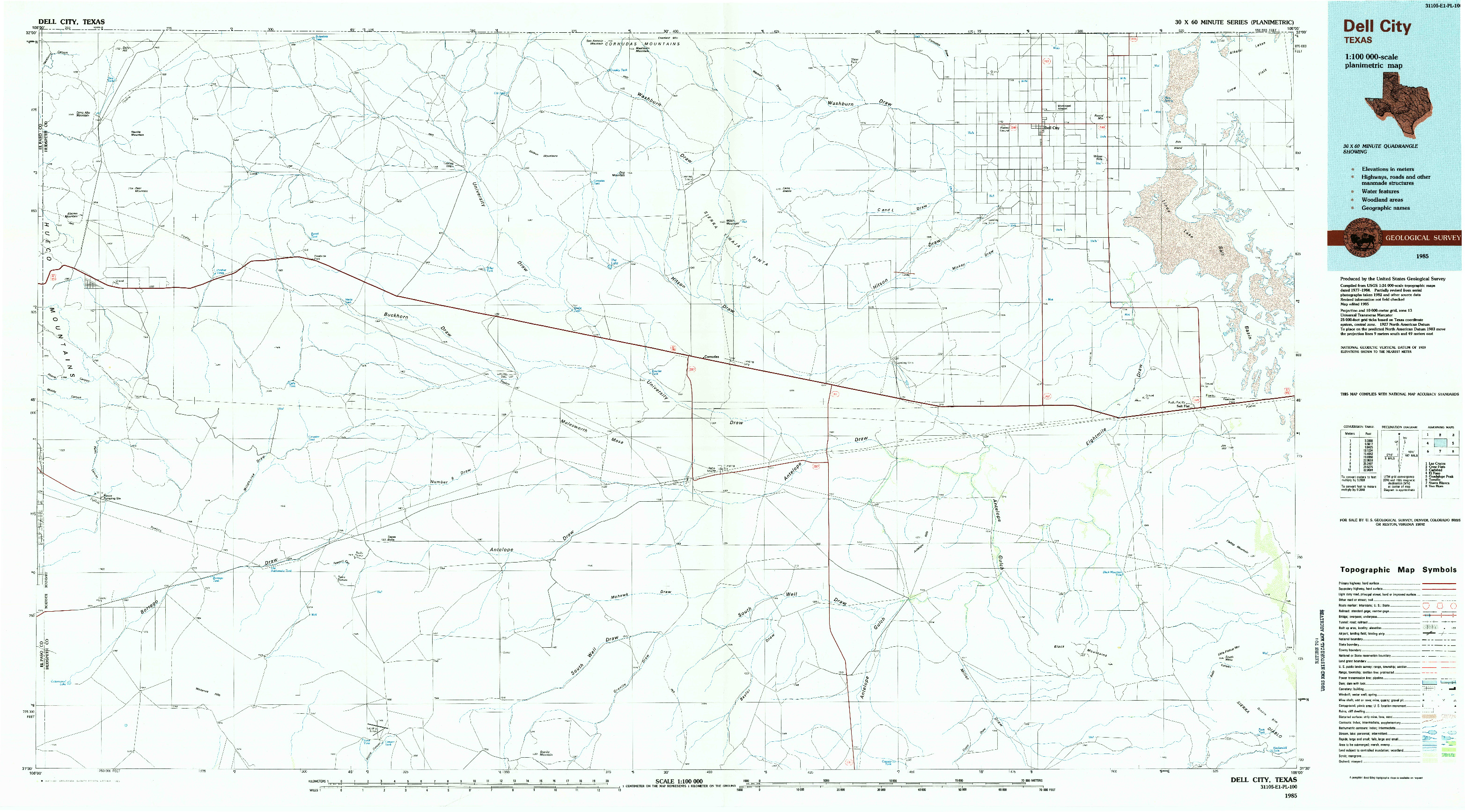 USGS 1:100000-SCALE QUADRANGLE FOR DELL CITY, TX 1985