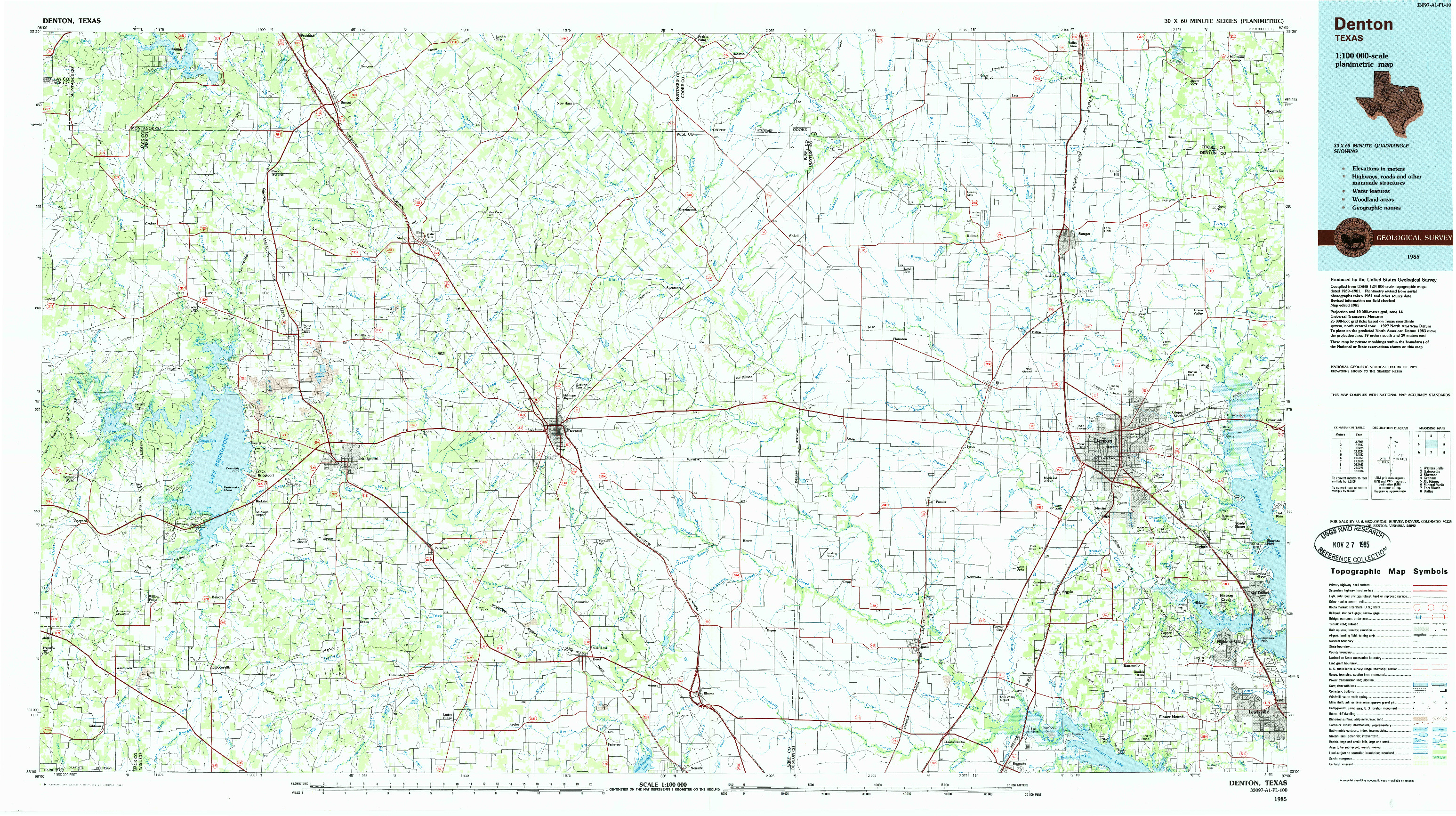 USGS 1:100000-SCALE QUADRANGLE FOR DENTON, TX 1985