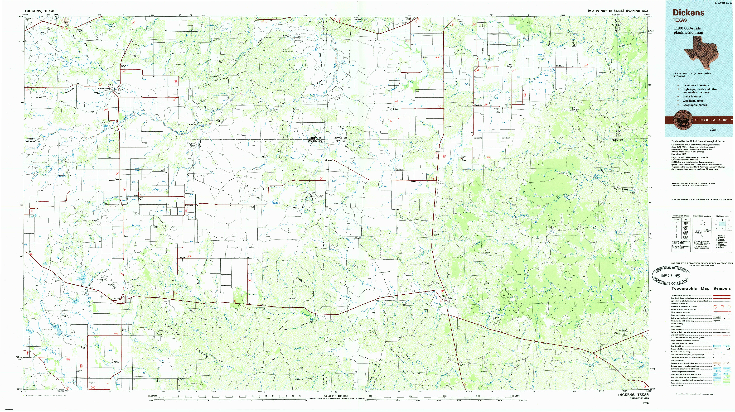 USGS 1:100000-SCALE QUADRANGLE FOR DICKENS, TX 1985