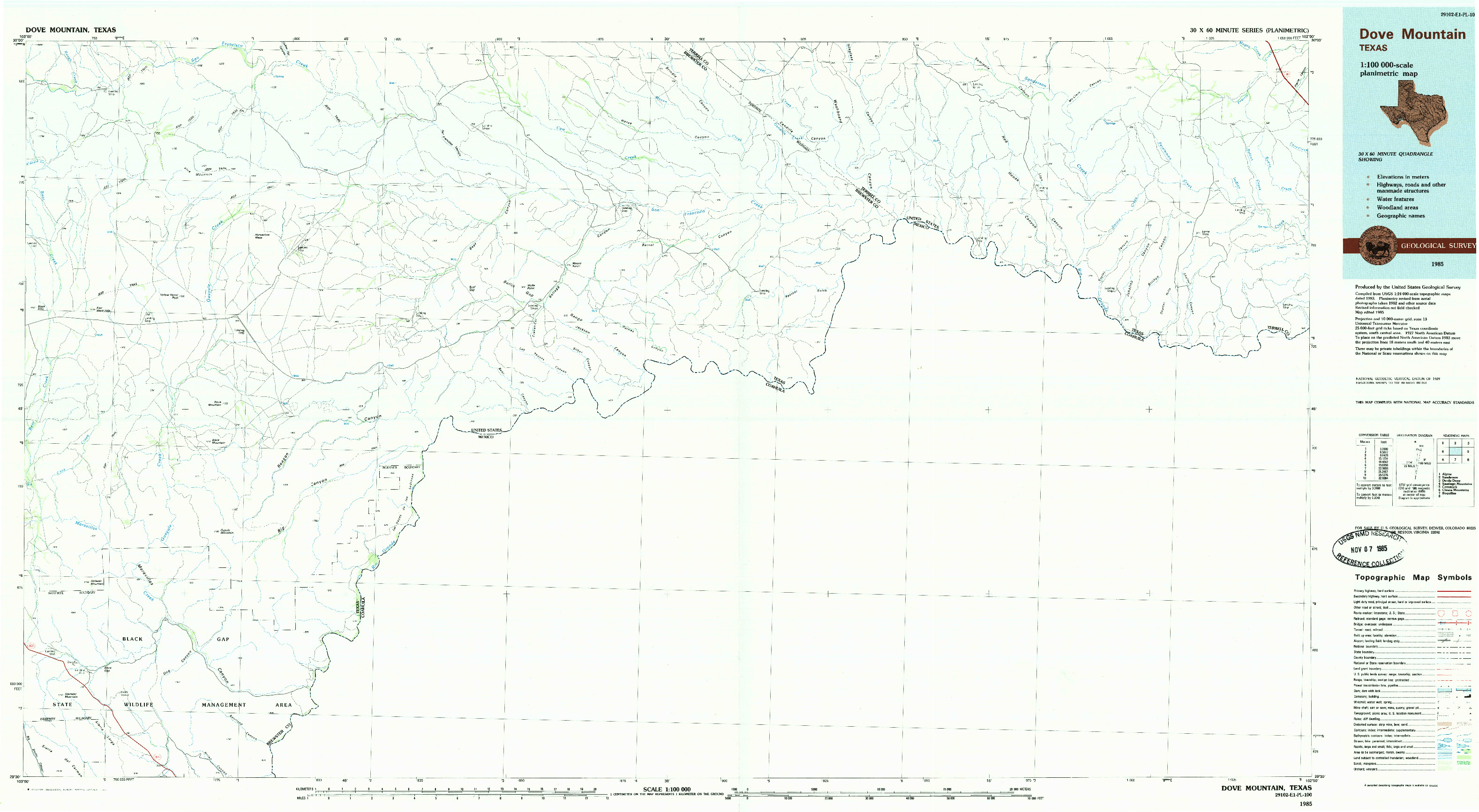 USGS 1:100000-SCALE QUADRANGLE FOR DOVE MOUNTAIN, TX 1985