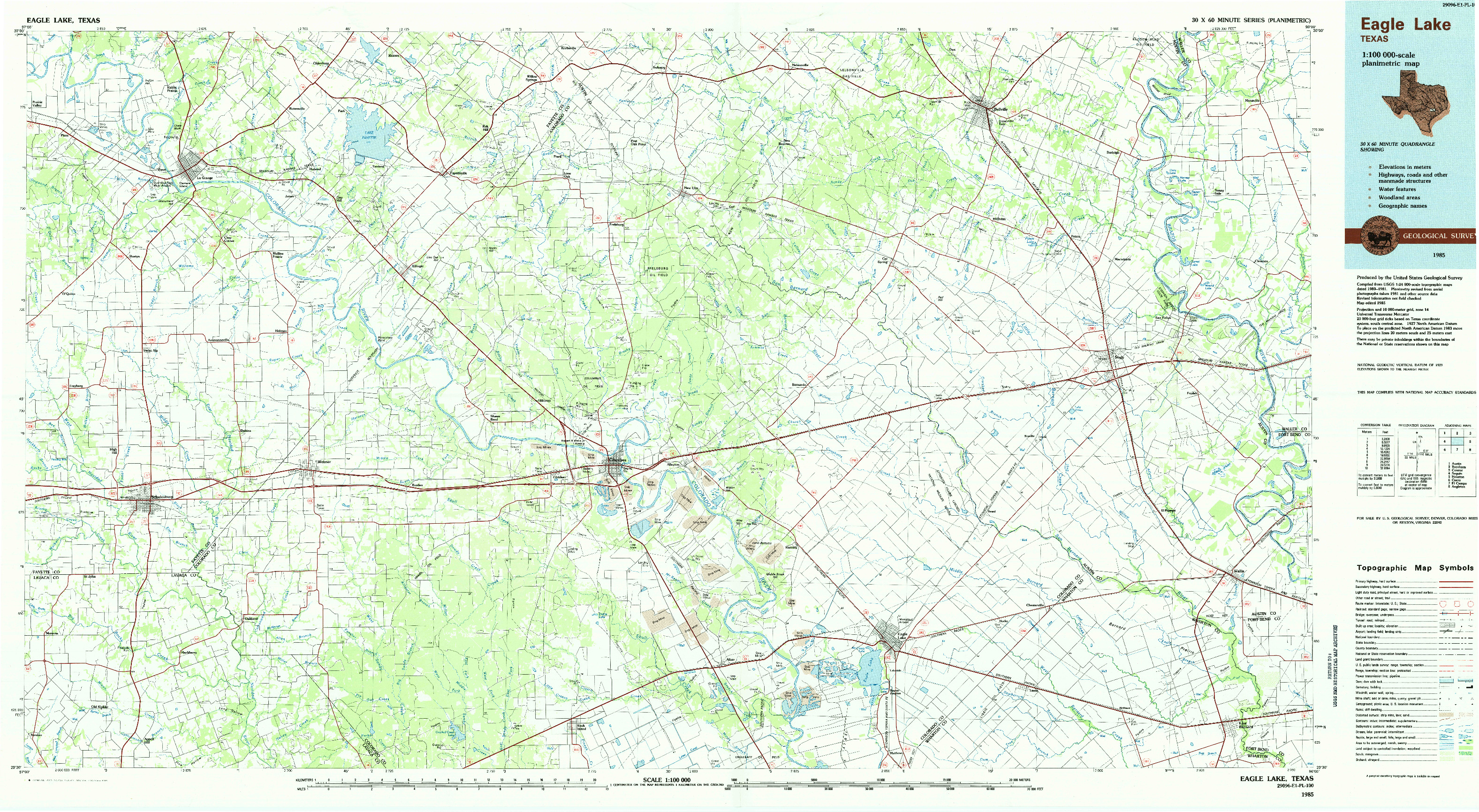 USGS 1:100000-SCALE QUADRANGLE FOR EAGLE LAKE, TX 1985