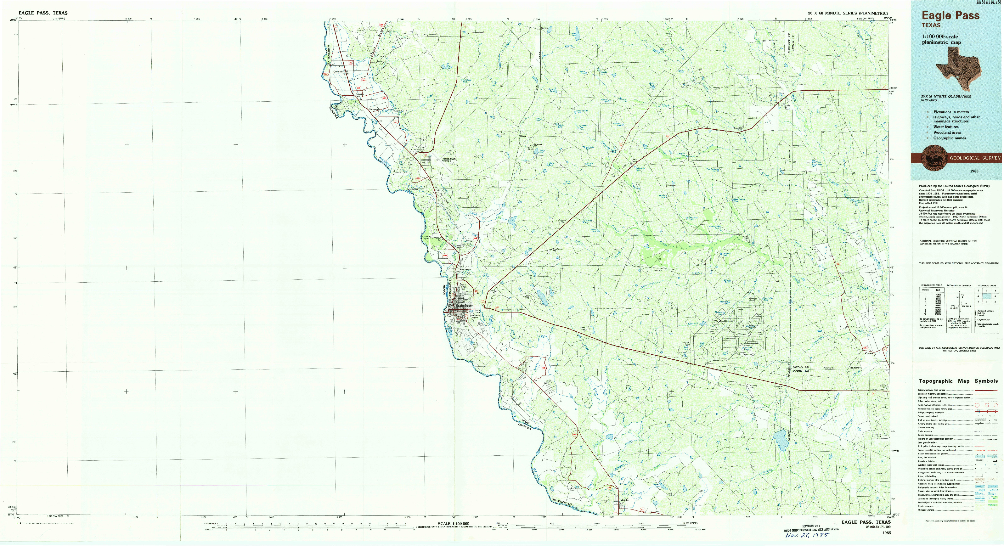USGS 1:100000-SCALE QUADRANGLE FOR EAGLE PASS, TX 1985