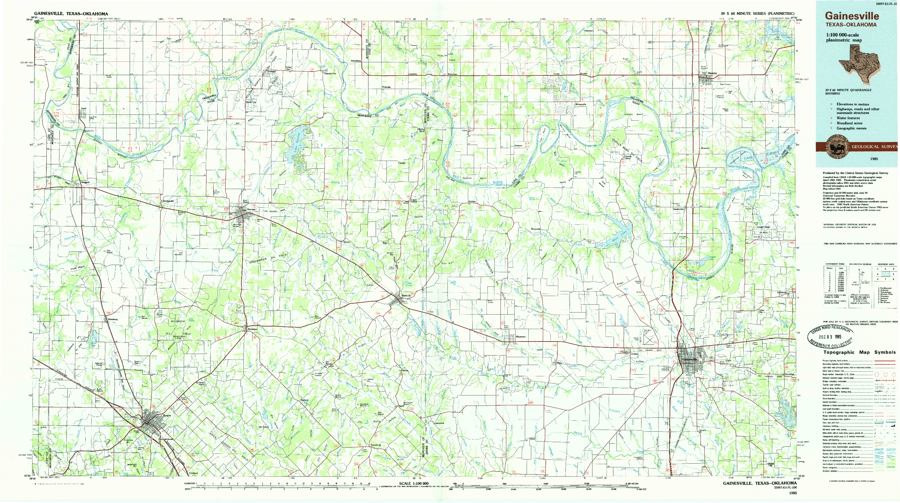 USGS 1:100000-SCALE QUADRANGLE FOR GAINESVILLE, TX 1985
