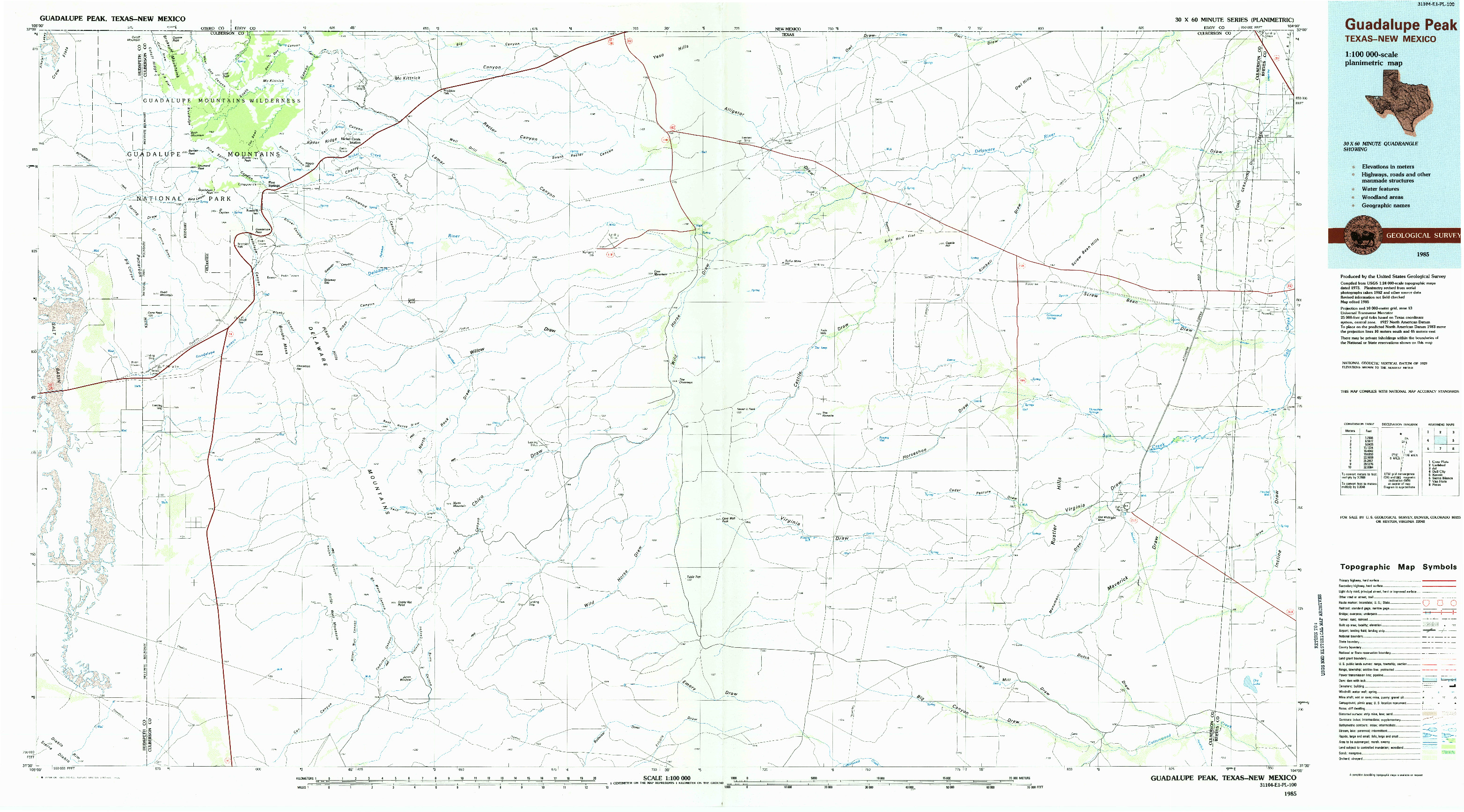 USGS 1:100000-SCALE QUADRANGLE FOR GUADALUPE PEAK, TX 1985