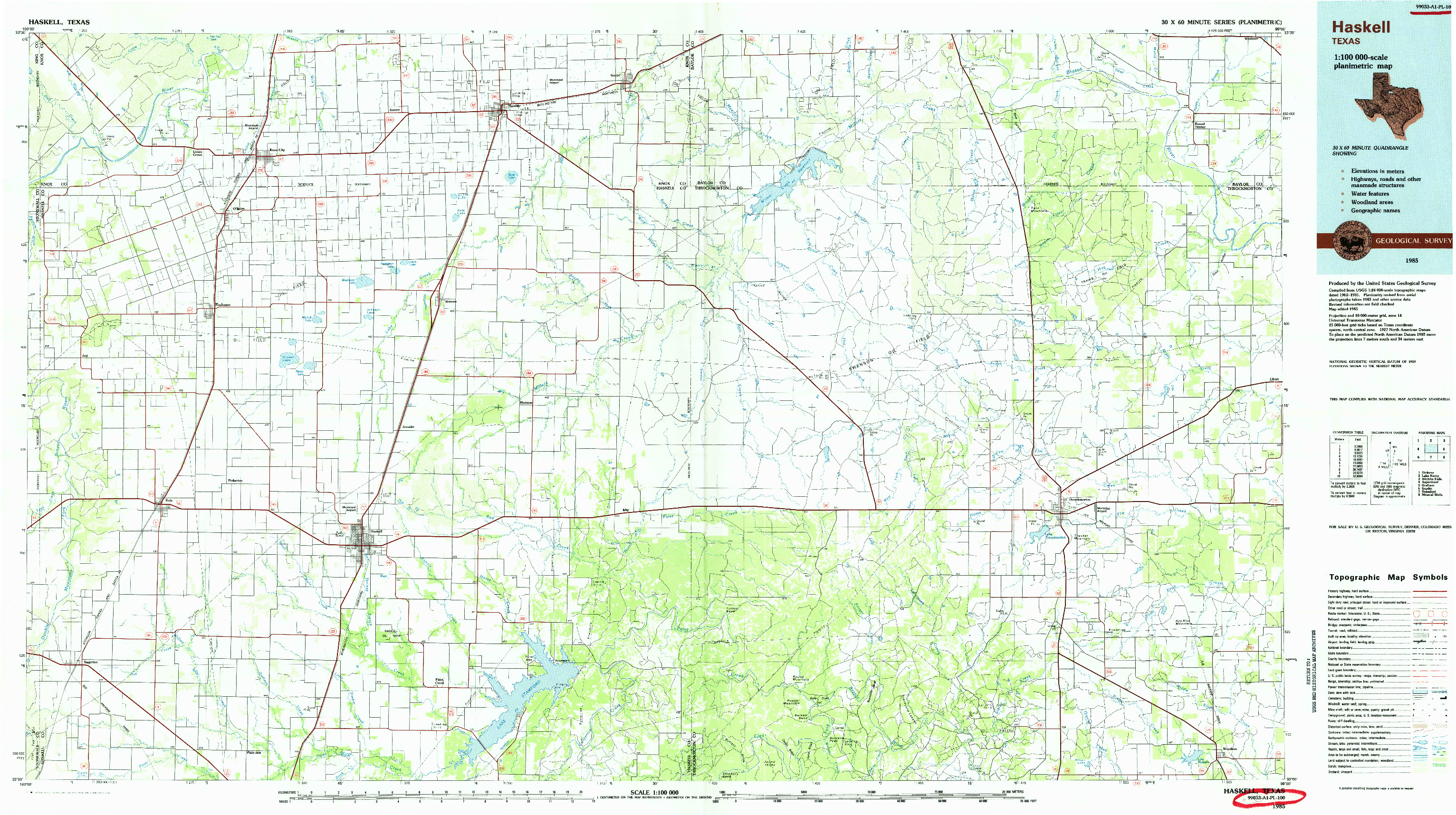 USGS 1:100000-SCALE QUADRANGLE FOR HASKELL, TX 1985