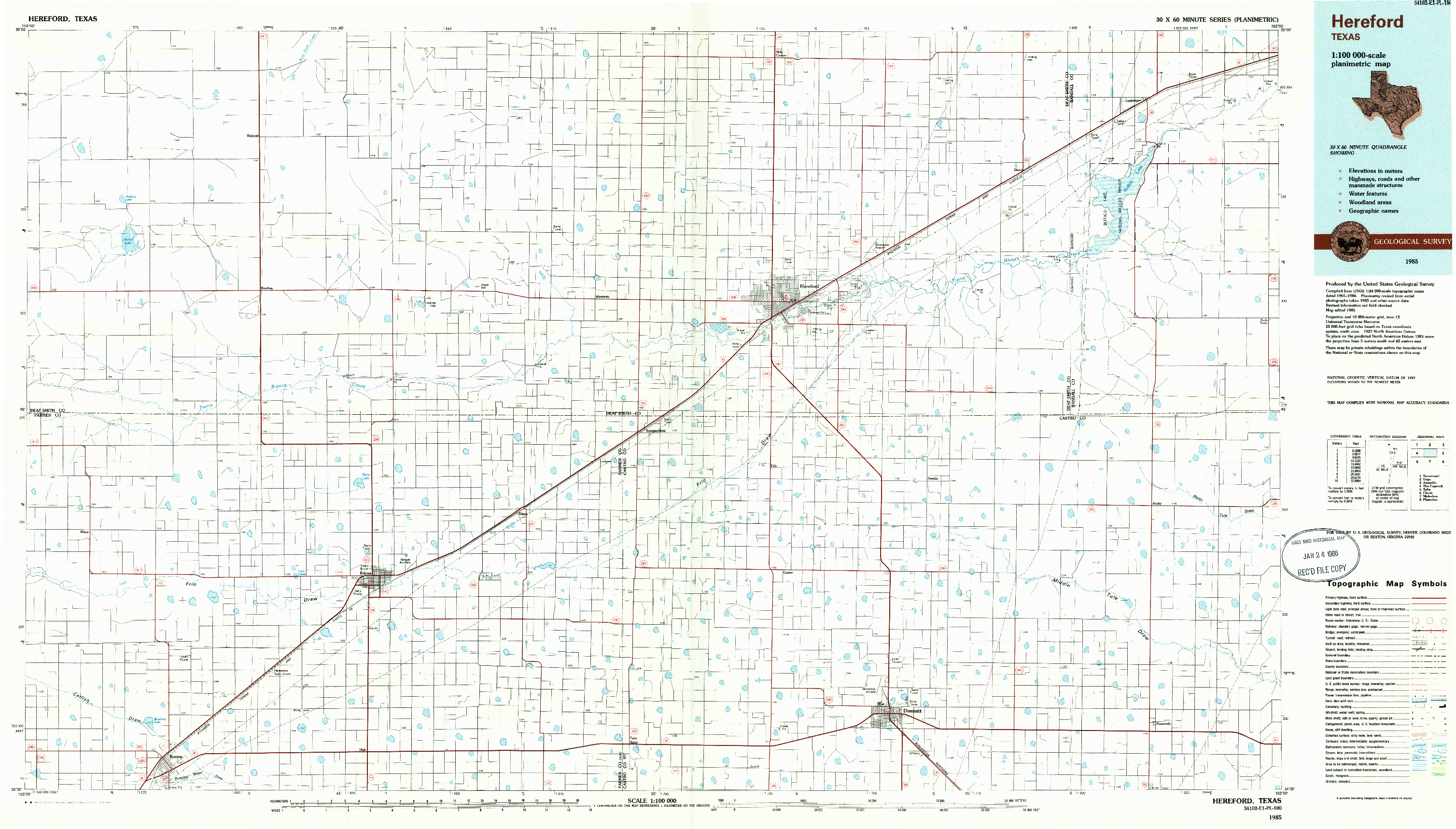 USGS 1:100000-SCALE QUADRANGLE FOR HEREFORD, TX 1985