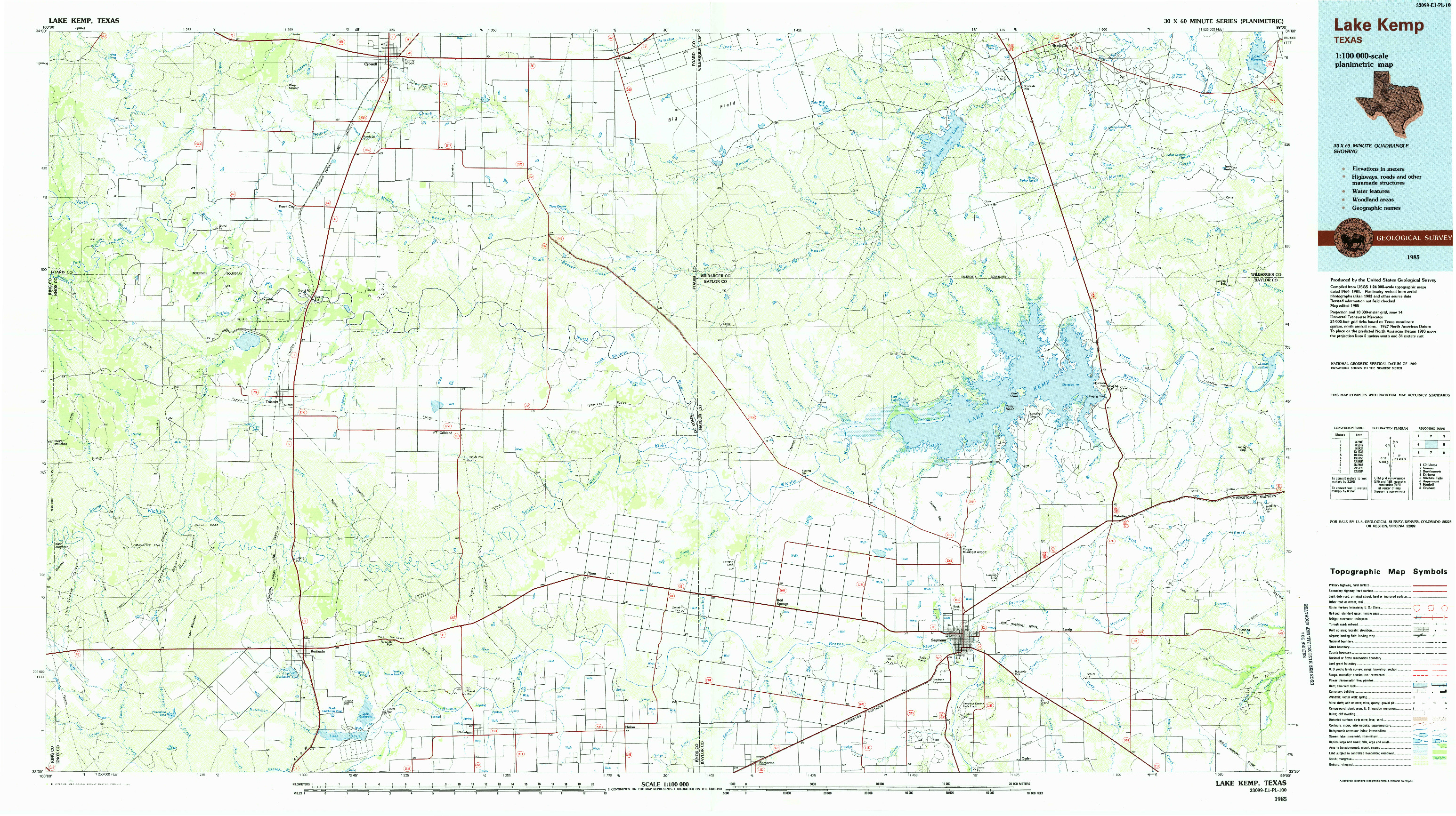 USGS 1:100000-SCALE QUADRANGLE FOR LAKE KEMP, TX 1985
