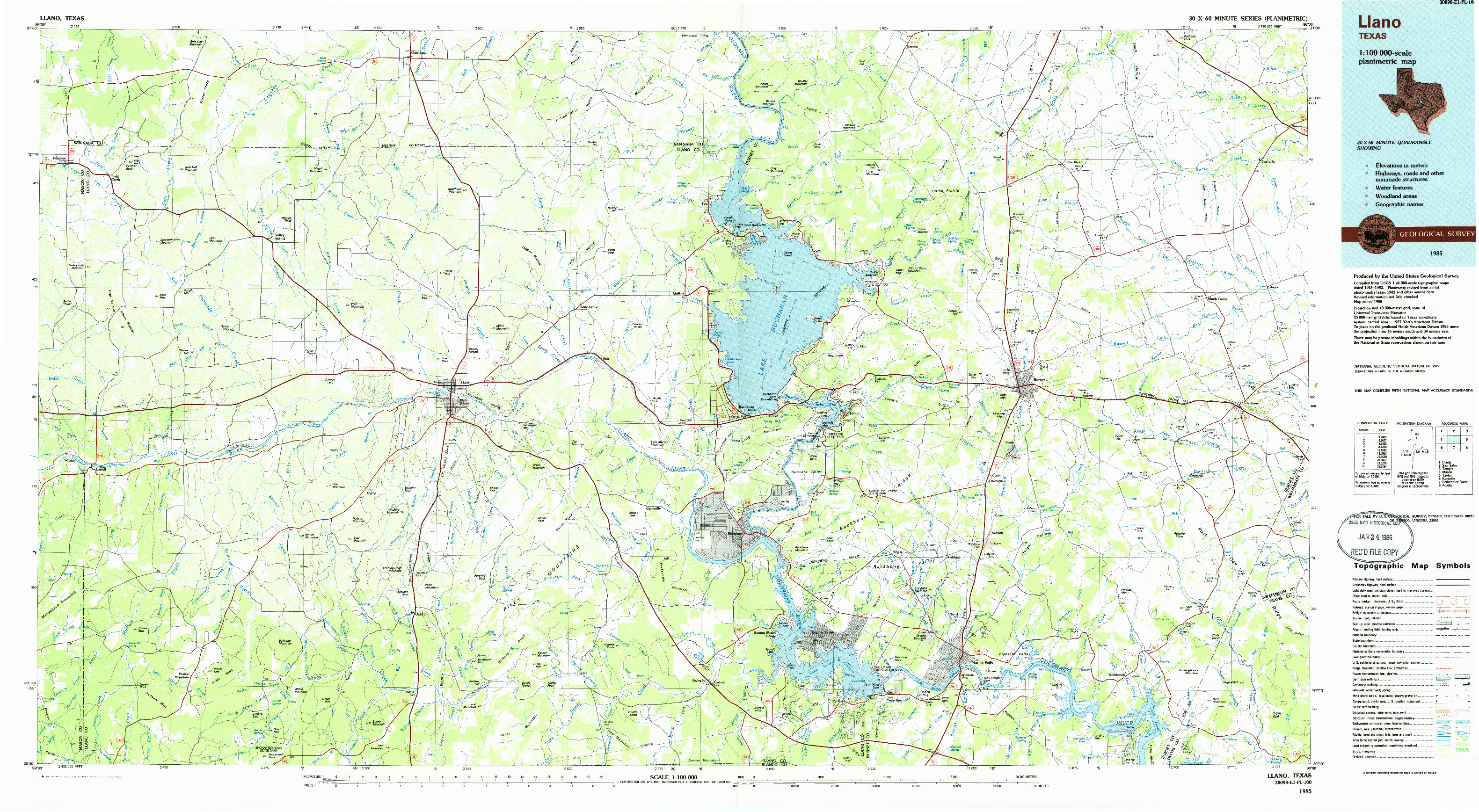 USGS 1:100000-SCALE QUADRANGLE FOR LLANO, TX 1985