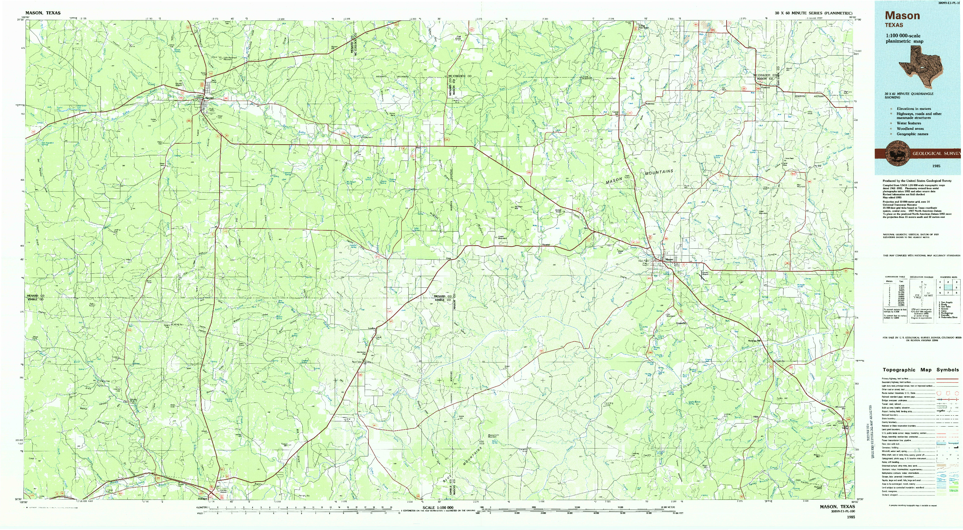 USGS 1:100000-SCALE QUADRANGLE FOR MASON, TX 1985