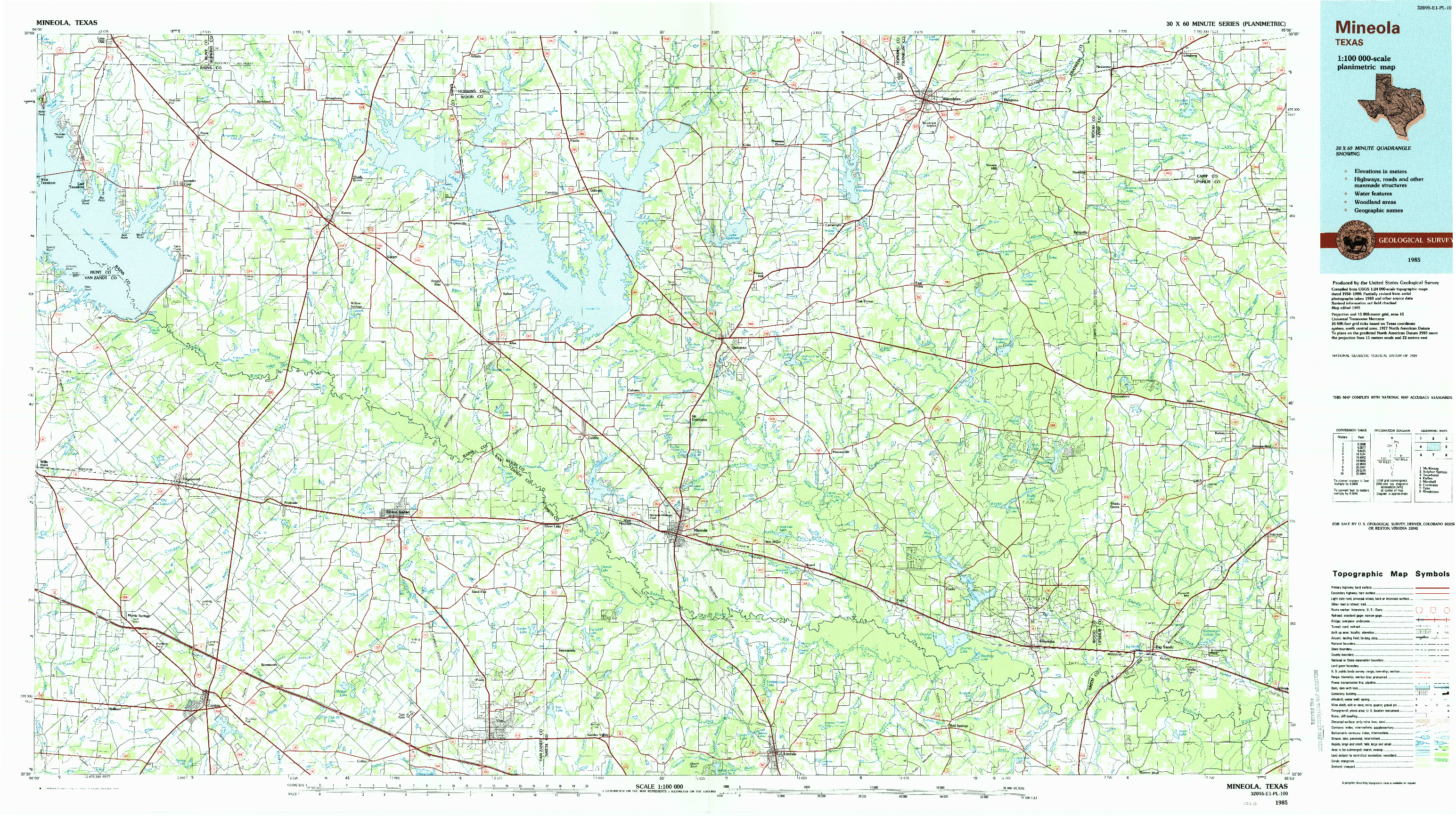 USGS 1:100000-SCALE QUADRANGLE FOR MINEOLA, TX 1985